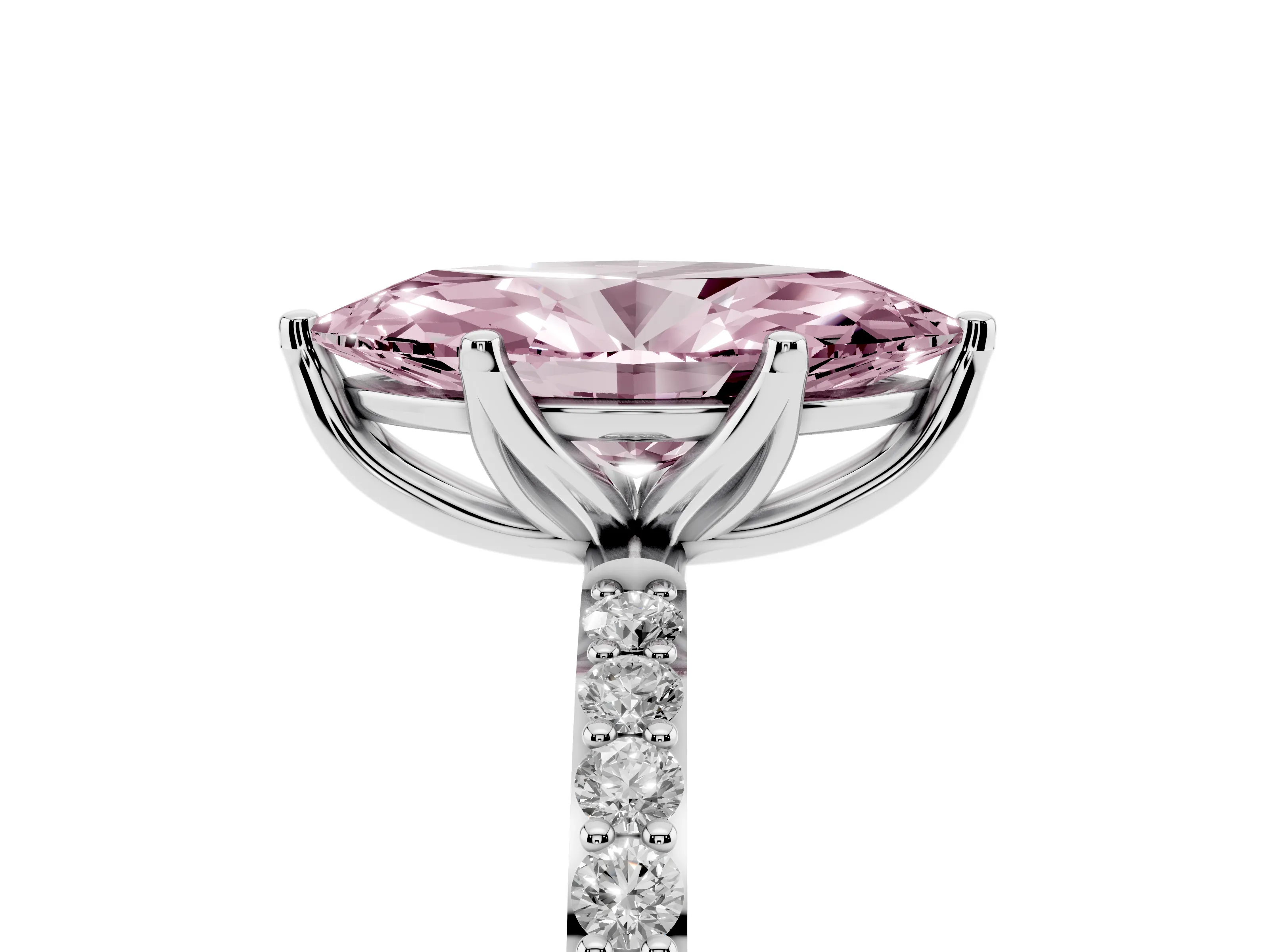 Fancy Pink Marquise Cut Diamond Solitaire Engagement Ring Set in White gold with Round Pavé Band and Prong Setting