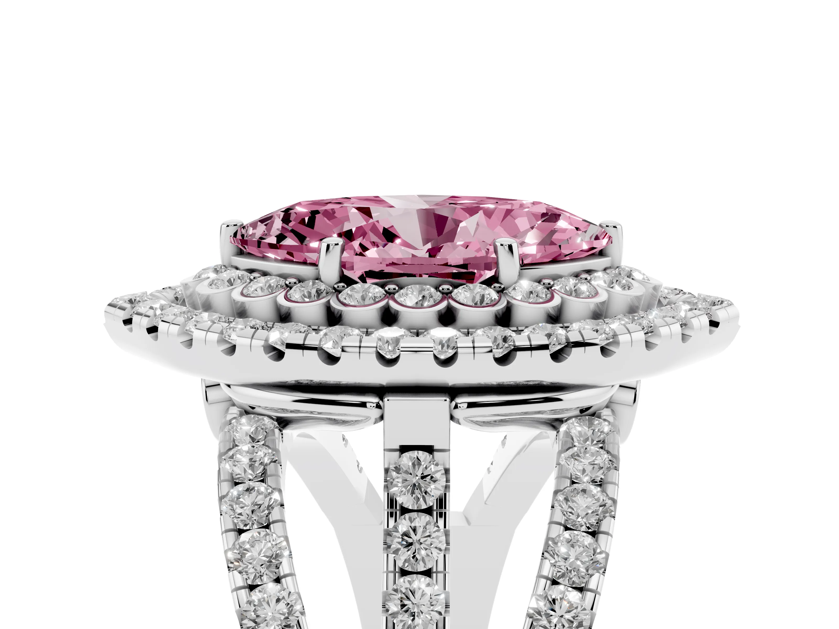 Fancy Pink Marquise Cut Diamond Double Halo Ring Set in White gold with Round Pavé Split Shank