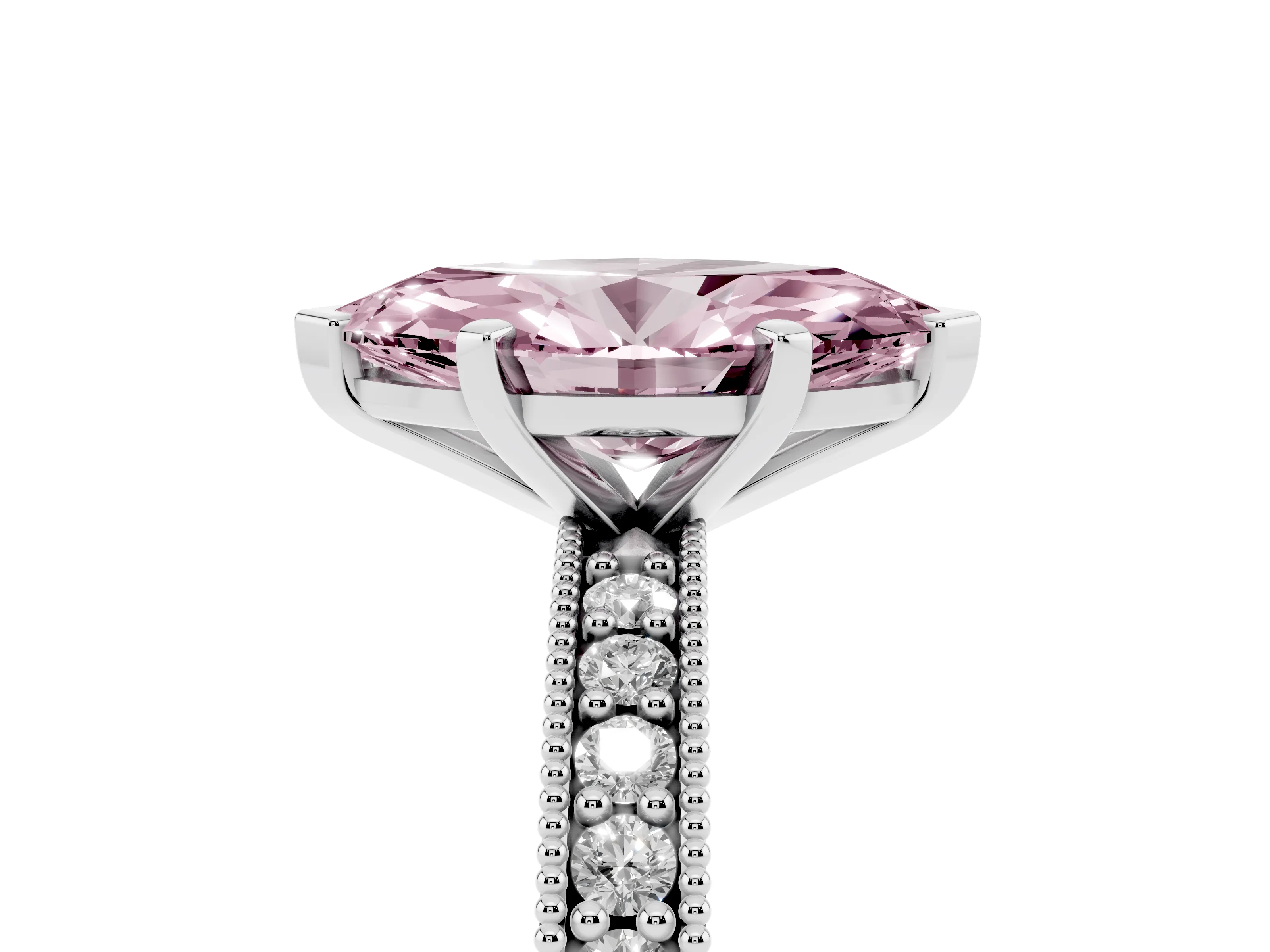 Fancy Pink Marquise Cut Diamond Milgrain Pavé Engagement Ring Set in Platinum with Prong Setting