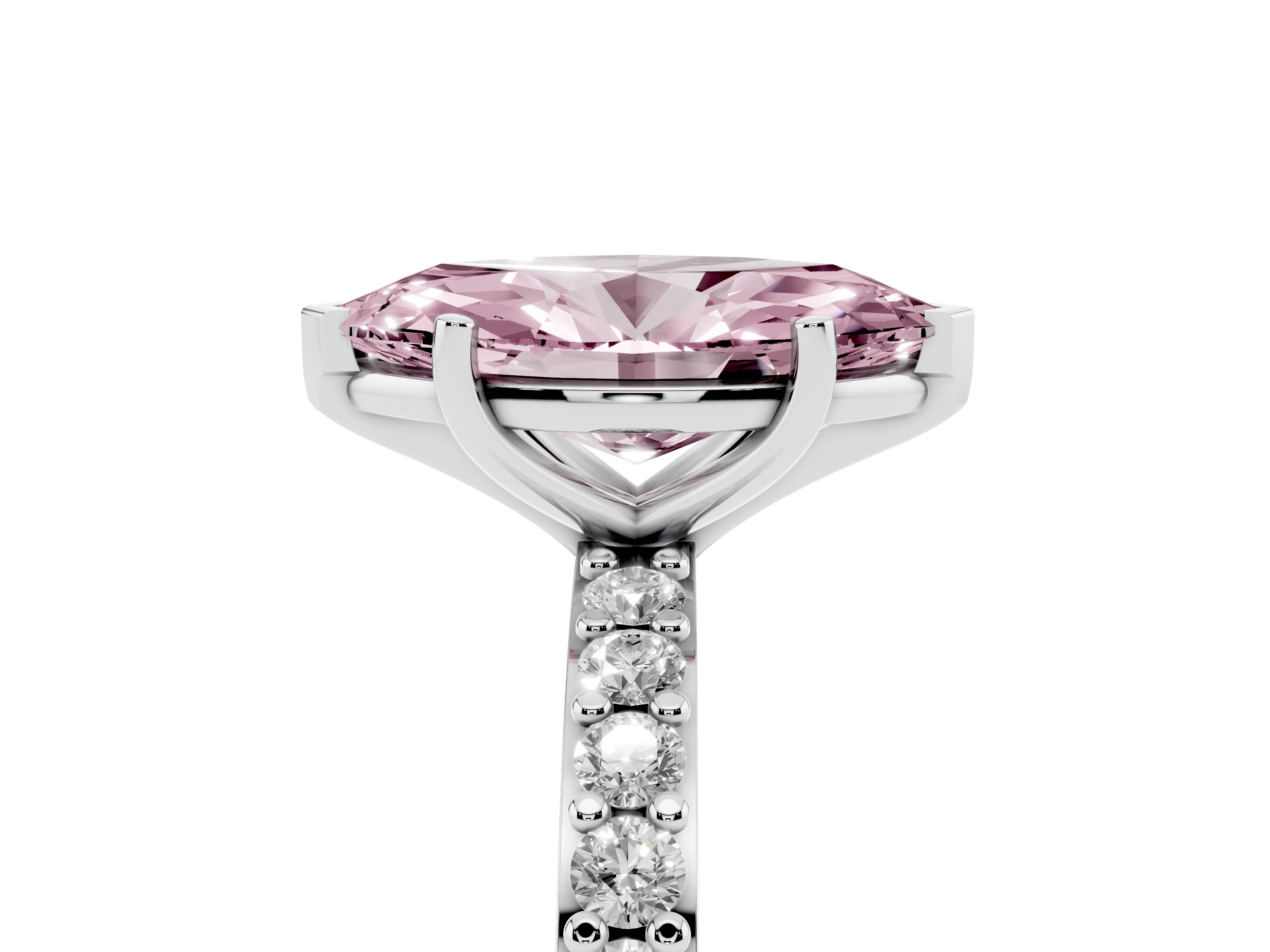 Fancy Pink Marquise Cut Diamond Solitaire Set in Silver with Round Pavé Band and Prong Setting