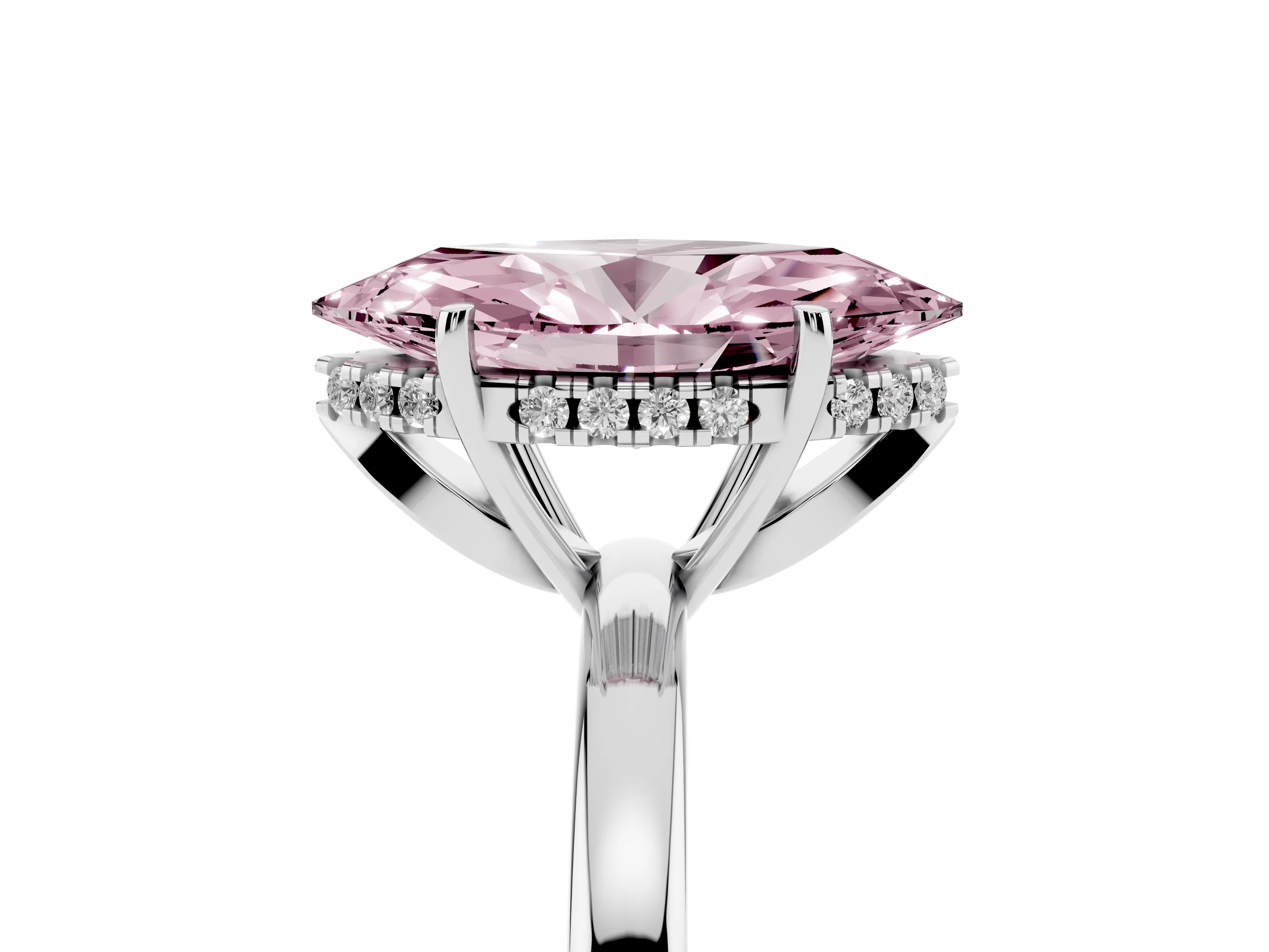 Fancy Pink Marquise Cut Diamond Solitaire Ring Set in Silver with Plain Band and Prong Setting