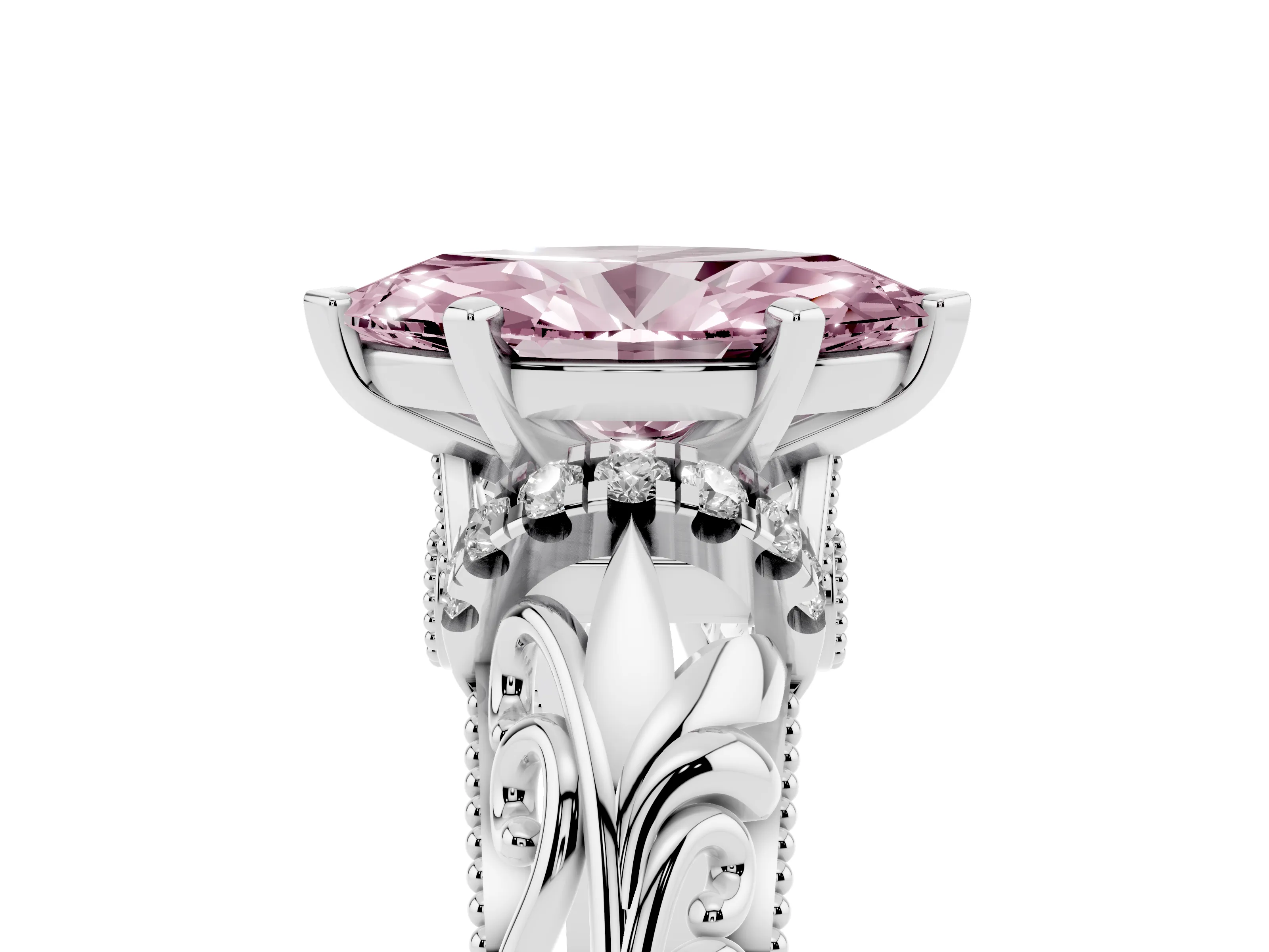 Fancy Pink Marquise Cut Diamond Filigree Halo Engagement Ring Set in White gold with Prong Setting
