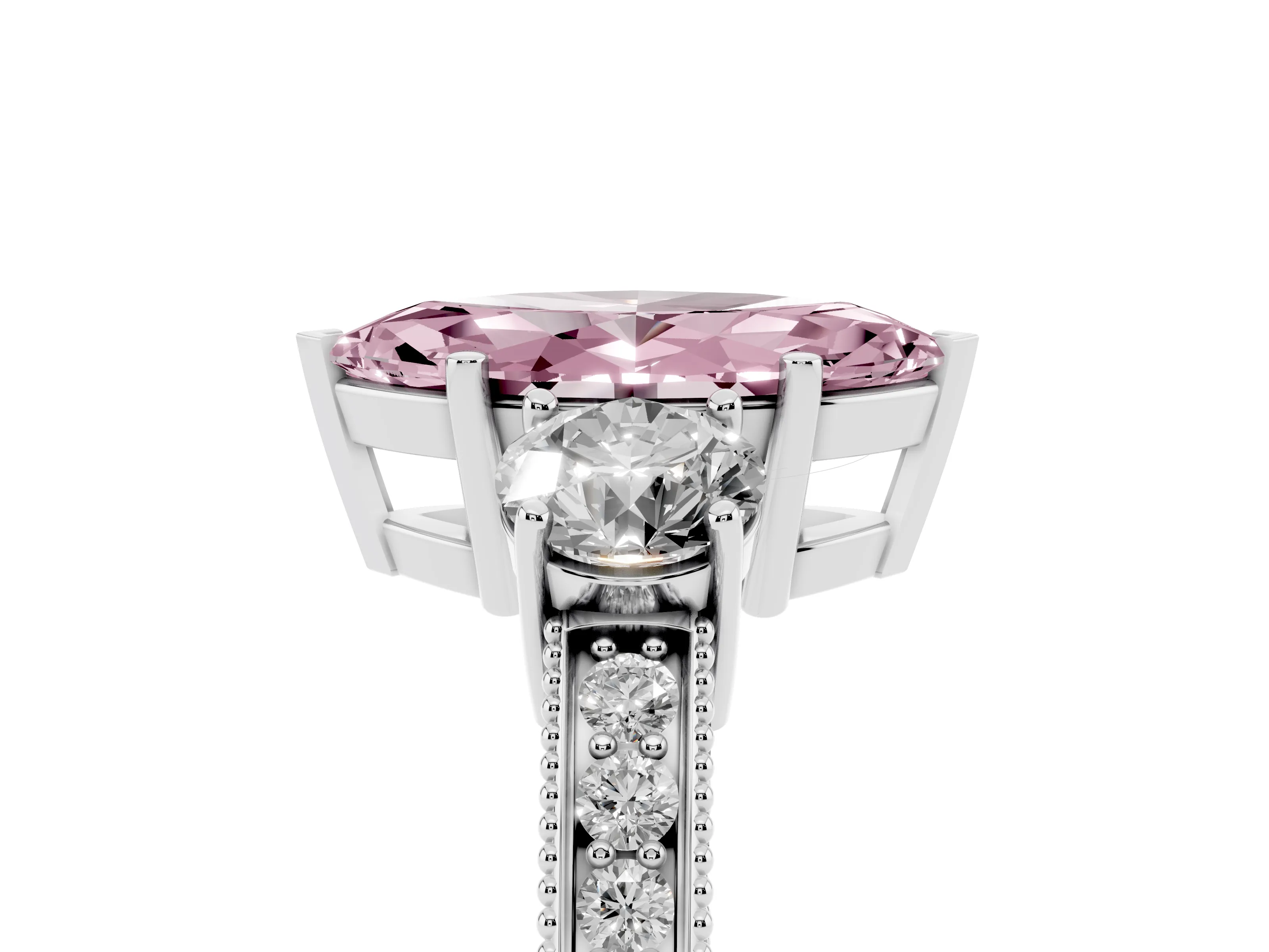 Fancy Pink Marquise Cut Diamond Three-Stone Ring Set in Silver with Round Side Stones and Pavé Band