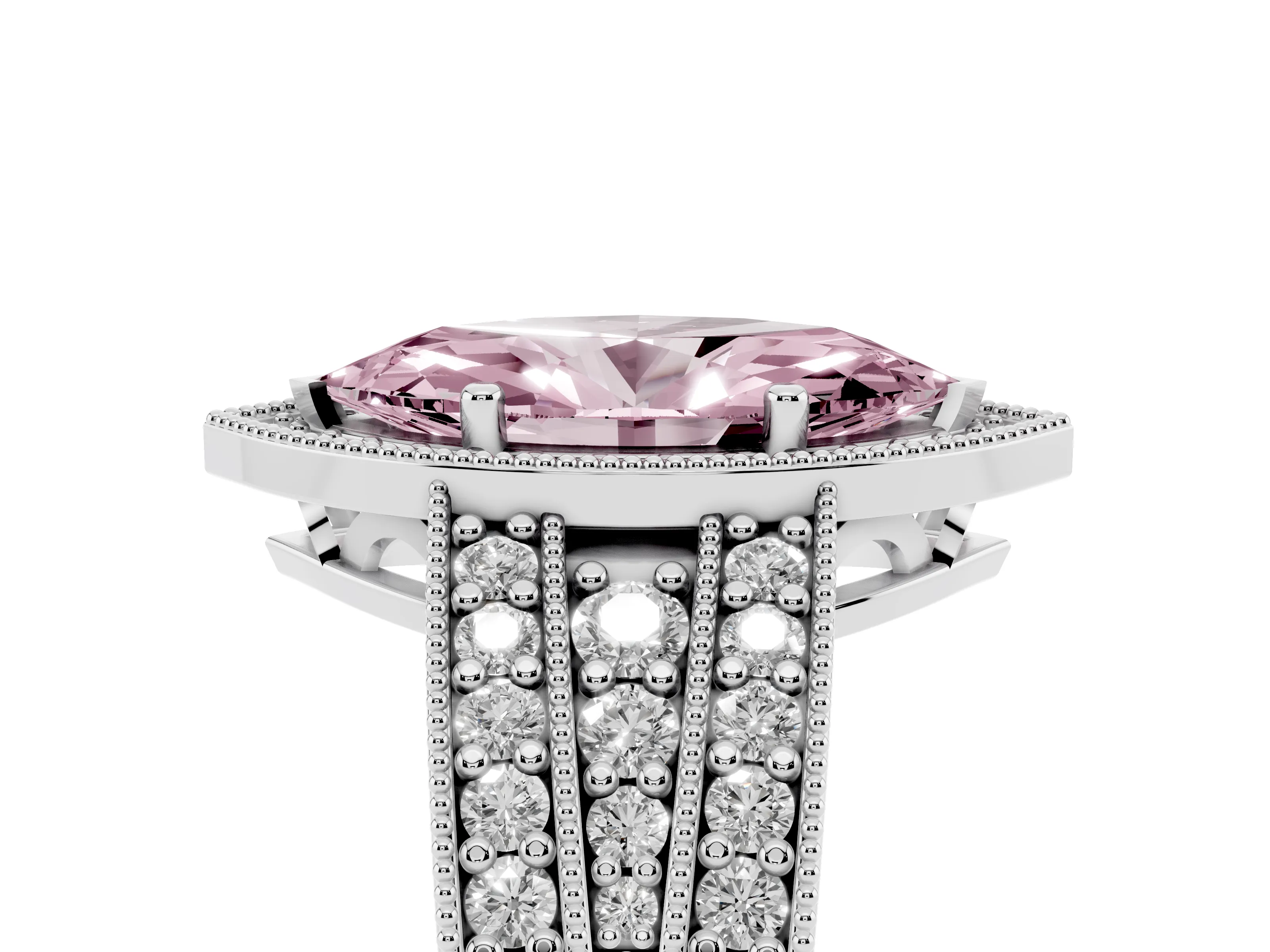 Fancy Pink Marquise Cut Diamond Halo Ring Set in Silver with Accent Split Shank and Prong Setting