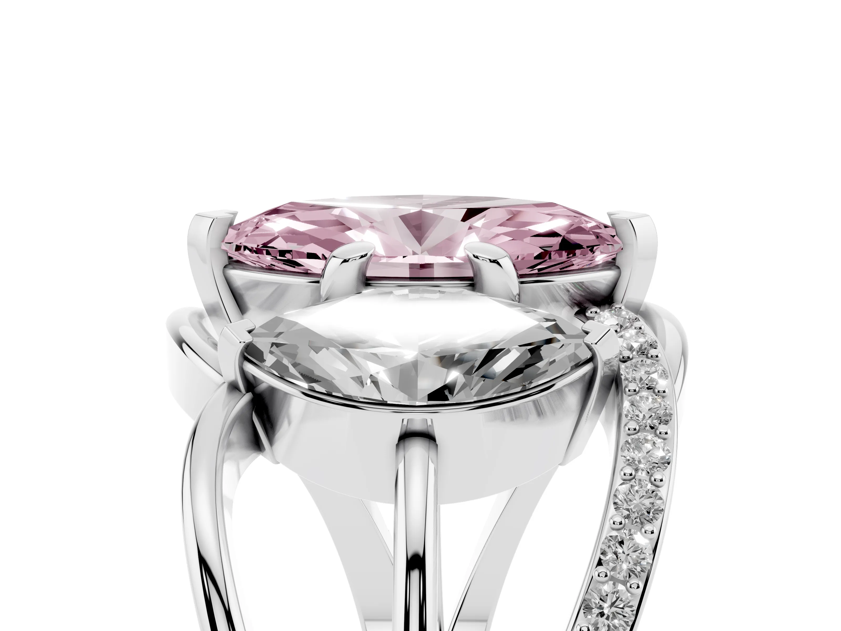 Fancy Pink Marquise Cut Diamond Three-Stone Ring Set in Platinum with Split Shank and Prong Setting