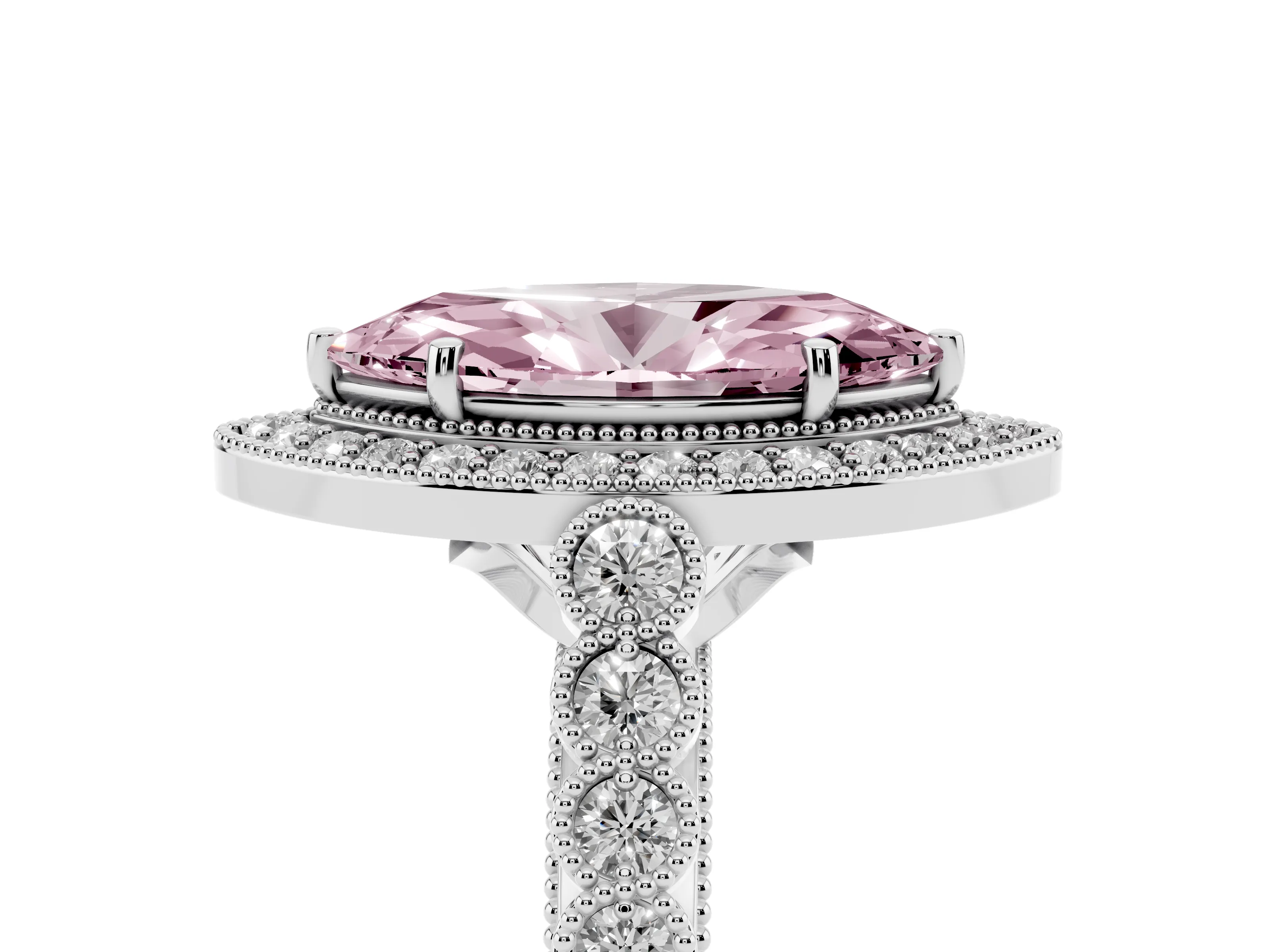 Fancy Pink Marquise Cut Diamond Milgrain Halo Solitaire Ring Set in White gold with Bezel Set Side Stones and Pavé Band