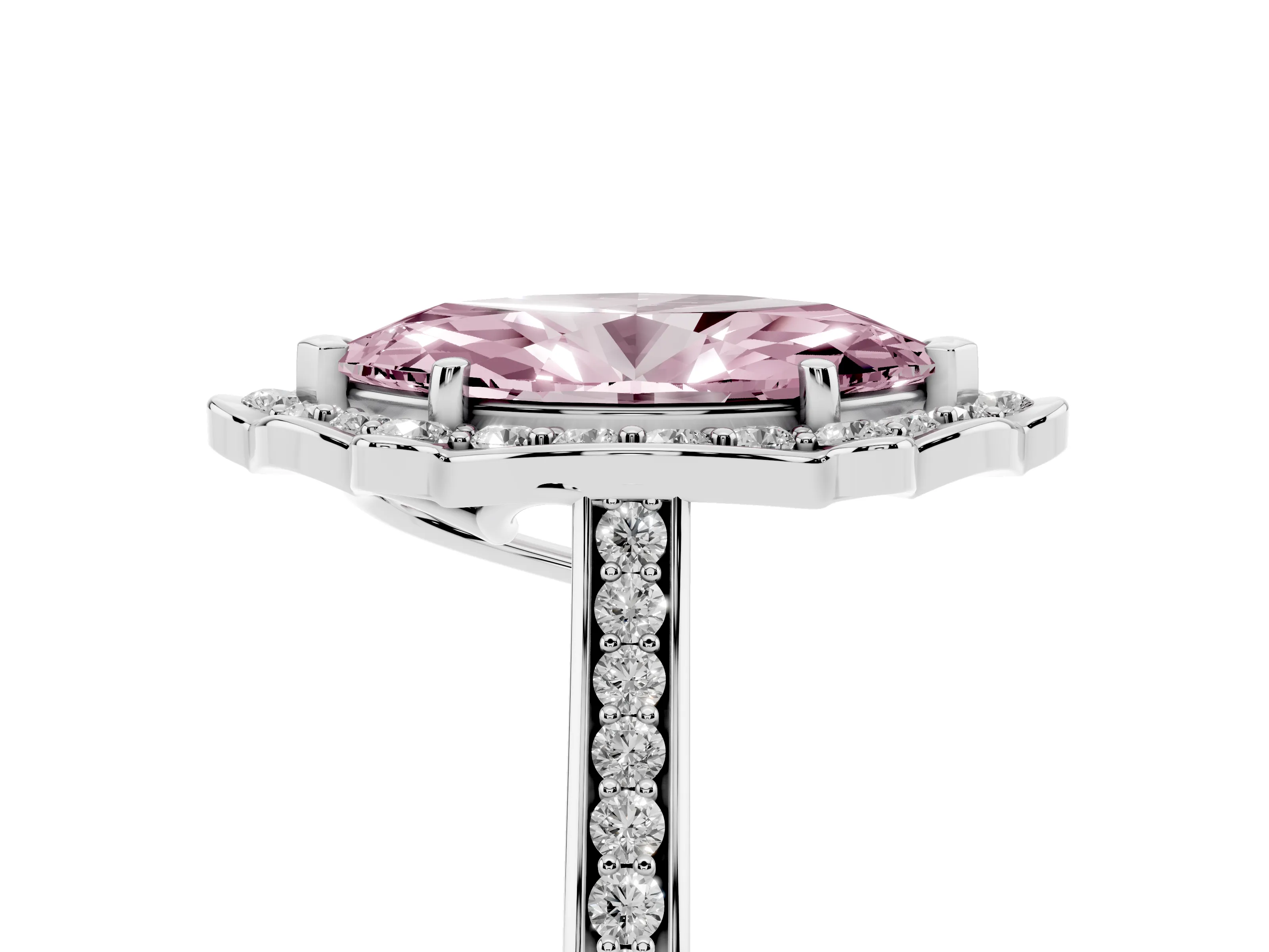 Fancy Pink Marquise Cut Diamond Halo Ring Set in White gold with Pavé-Lined Shoulders and Prong Setting