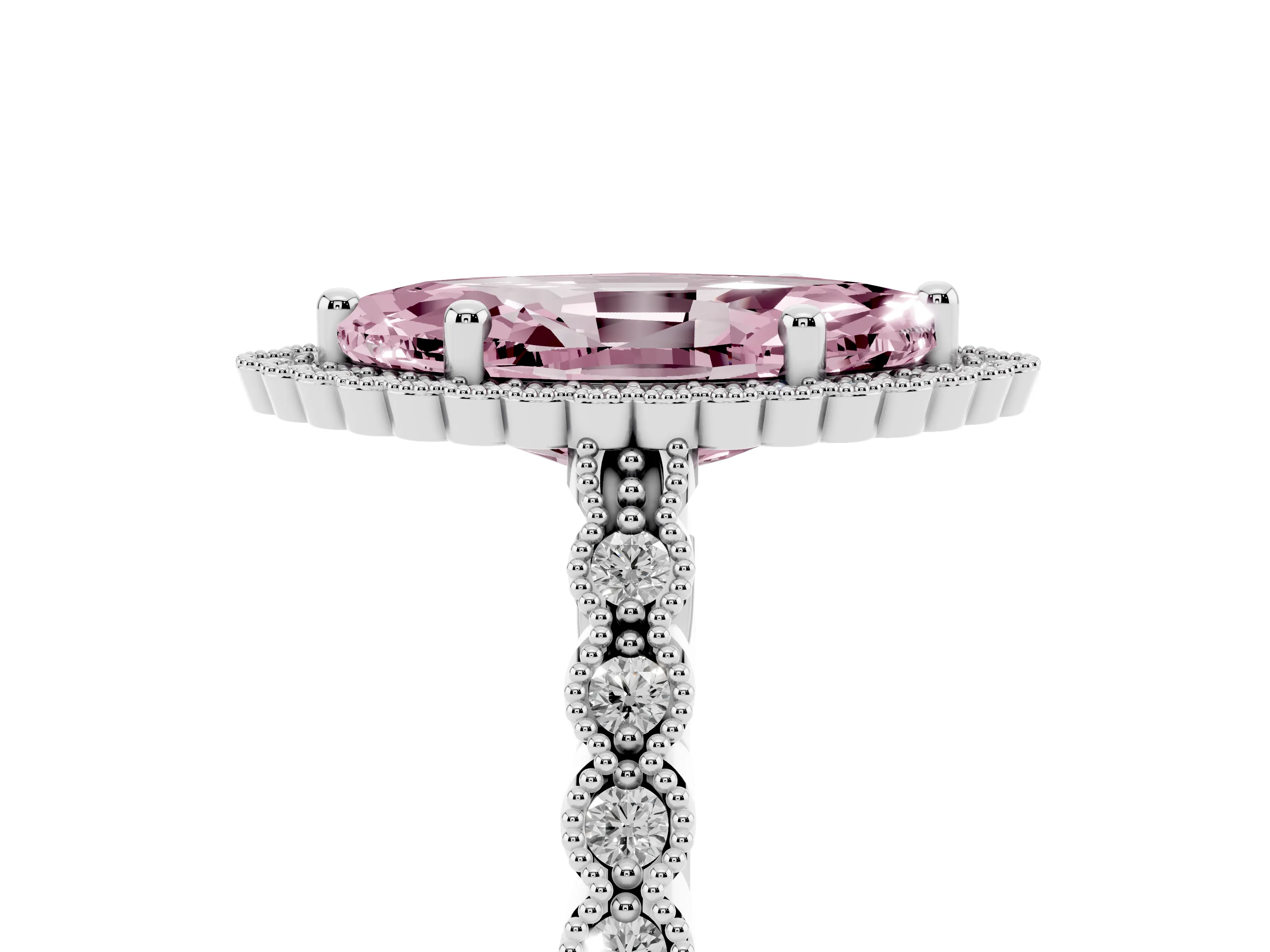 Fancy Pink Marquise Cut Diamond Halo Ring Set in Silver with Pavé Milgrain Band