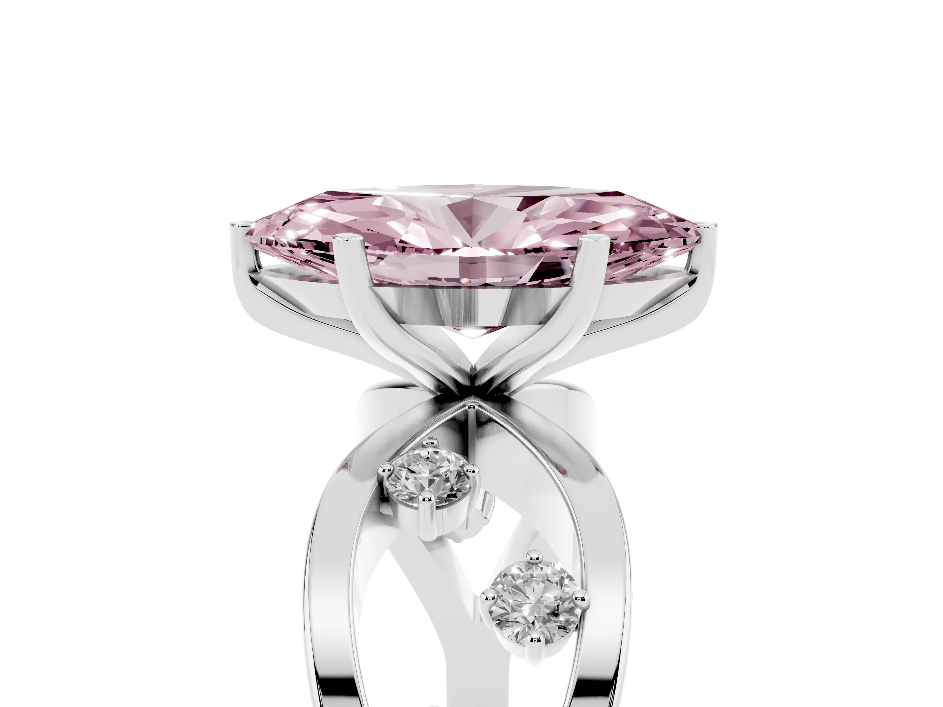 Fancy Pink Marquise Cut Diamond Solitaire Ring Set in Silver with Side Stones on Criss-Cross Band and Prong Setting