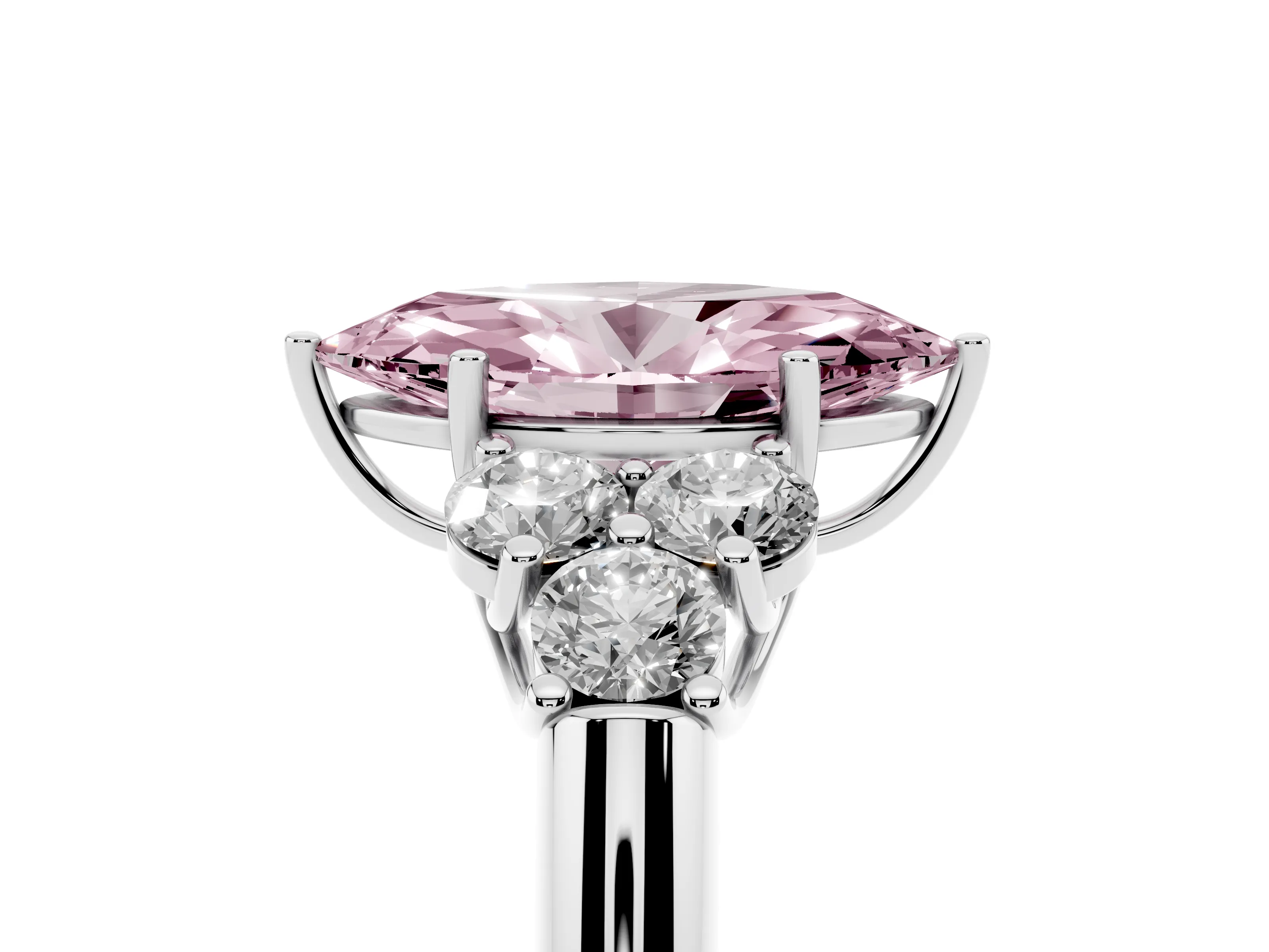 Fancy Pink Marquise Cut Diamond Cluster Ring Set in Platinum with Round Accent Stones and Prong Setting on a Plain Band
