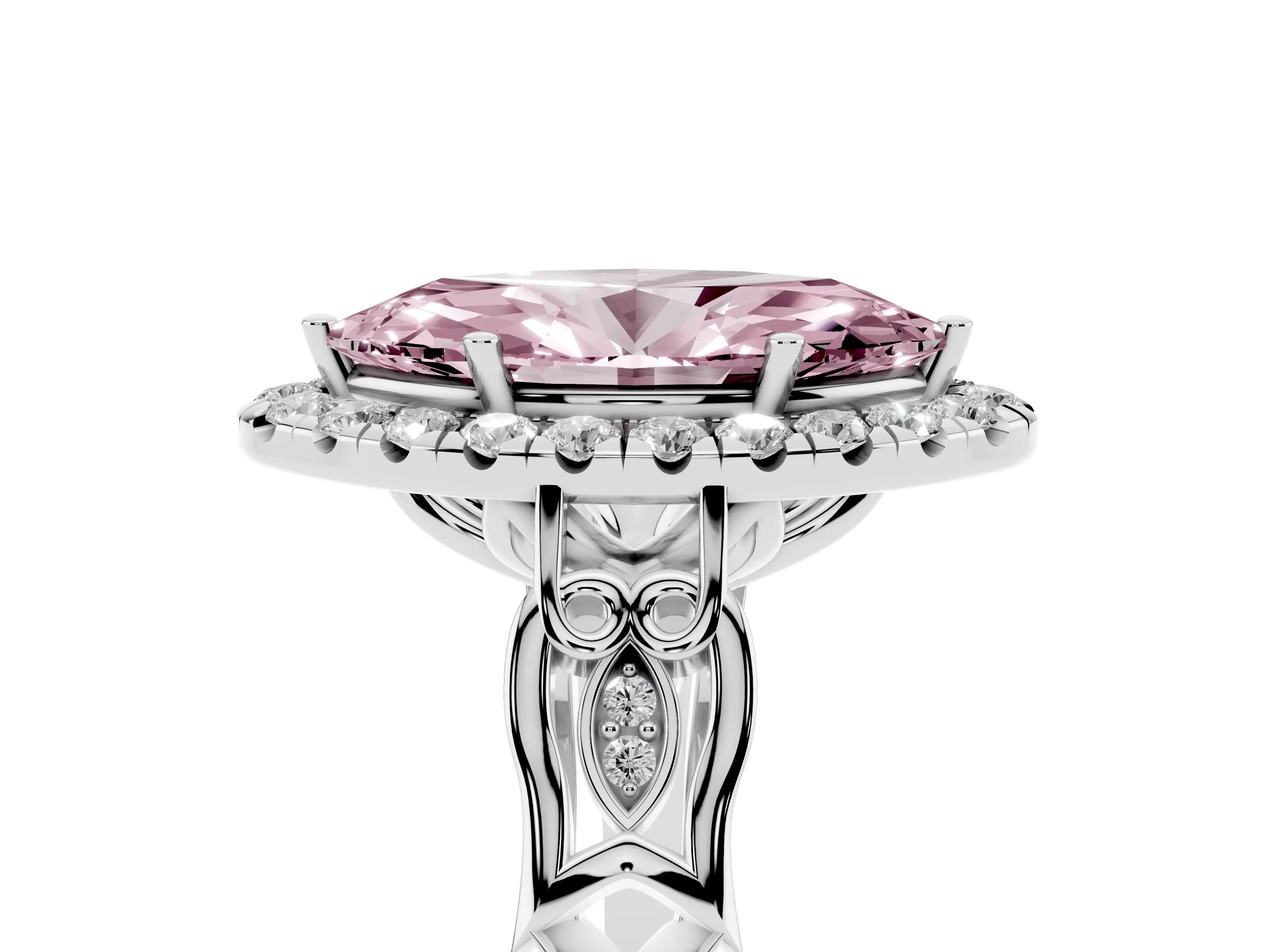 Fancy Pink Marquise Cut Diamond Halo Engagement Ring Set in White gold with Filigree Band and Prong-Set Center