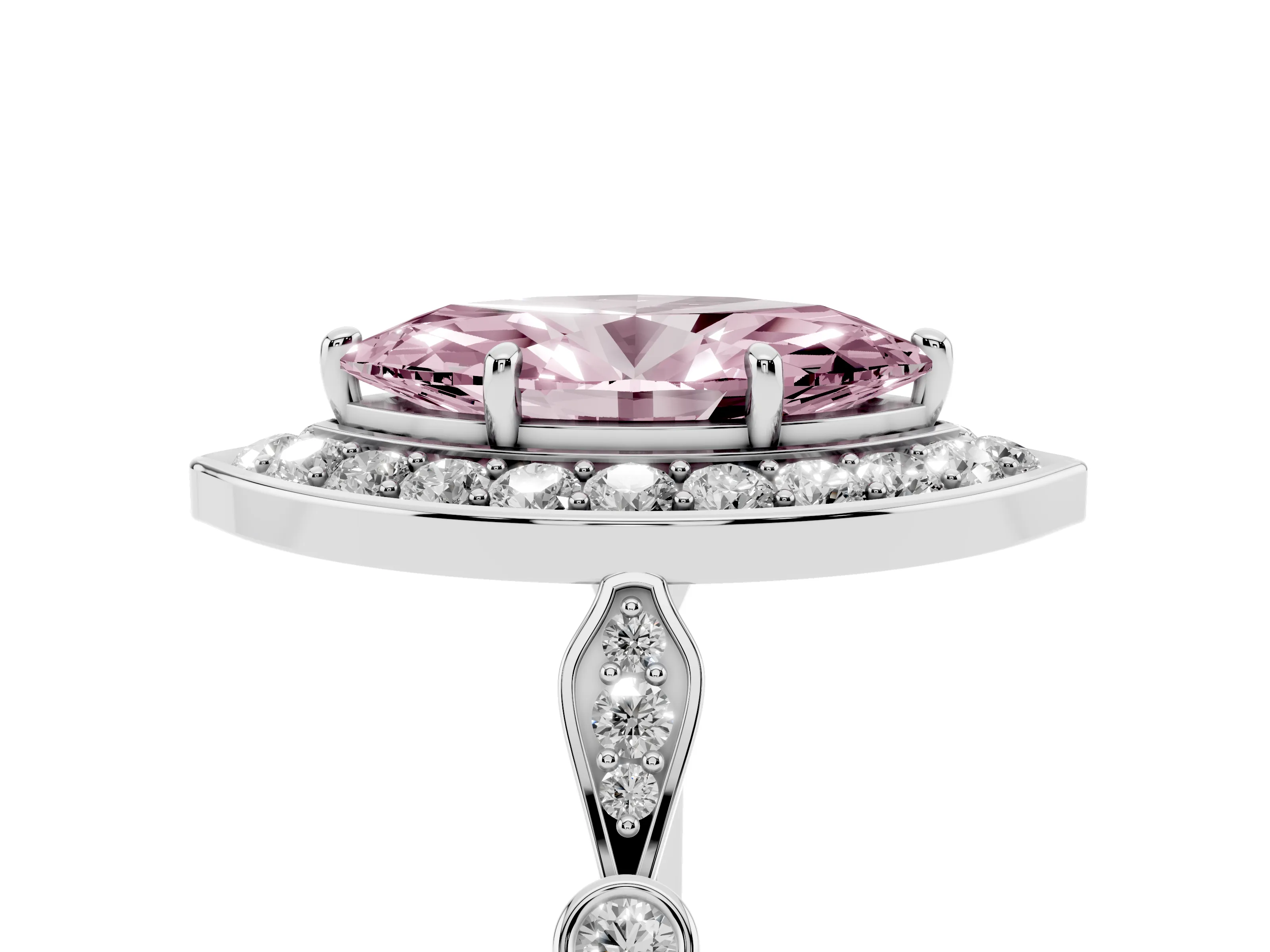 Fancy Pink Marquise Cut Diamond Halo Engagement Ring Set in Silver with Twisted Band and Prong Setting