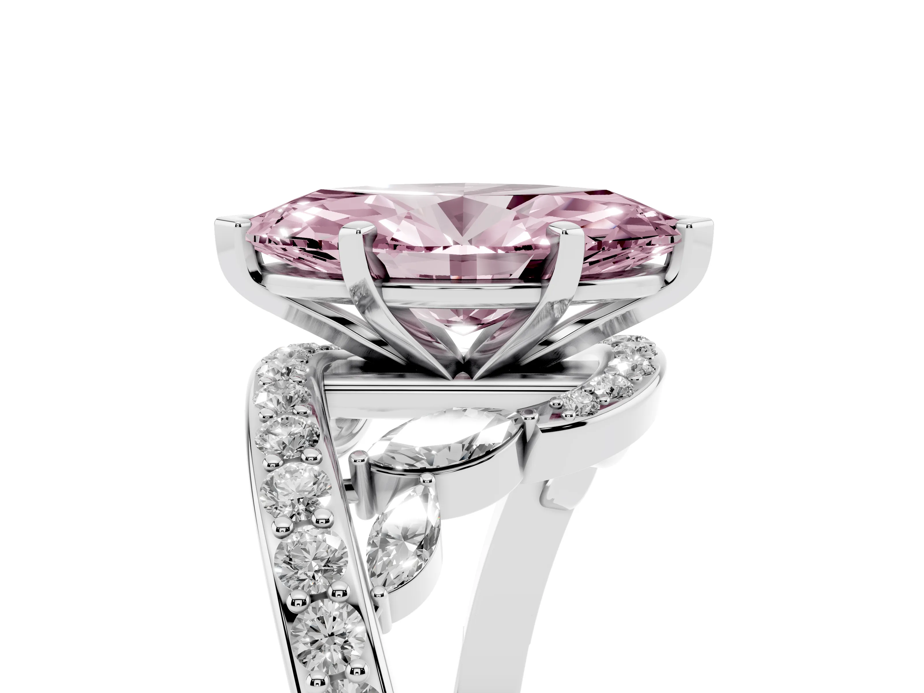 Fancy Pink Marquise Cut Diamond Solitaire Ring Set in Silver with Pavé Twist Band and Secure Prong Setting