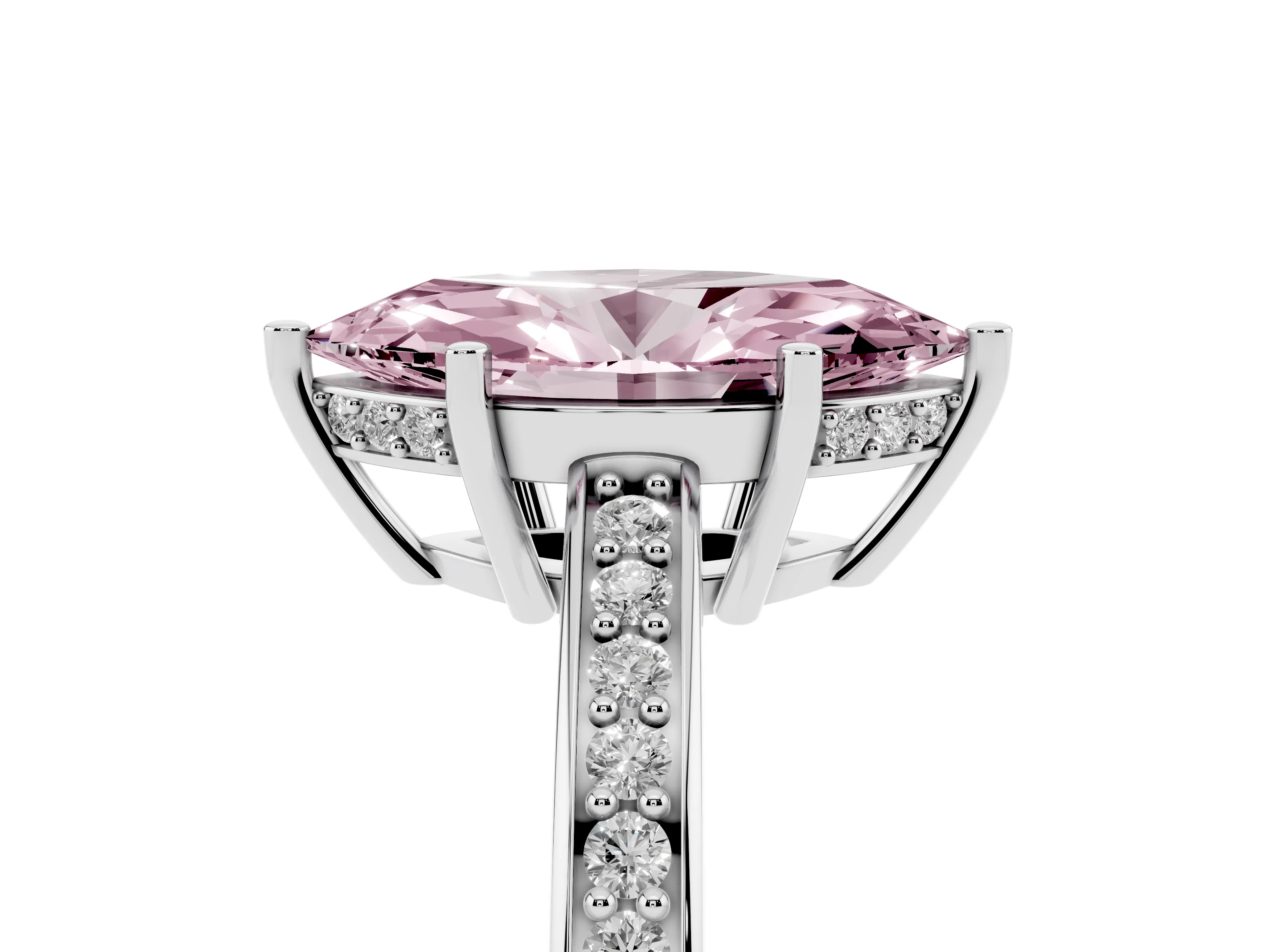Fancy Pink Marquise Cut Diamond Pavé Band Prong Set Solitaire Ring Set in Platinum