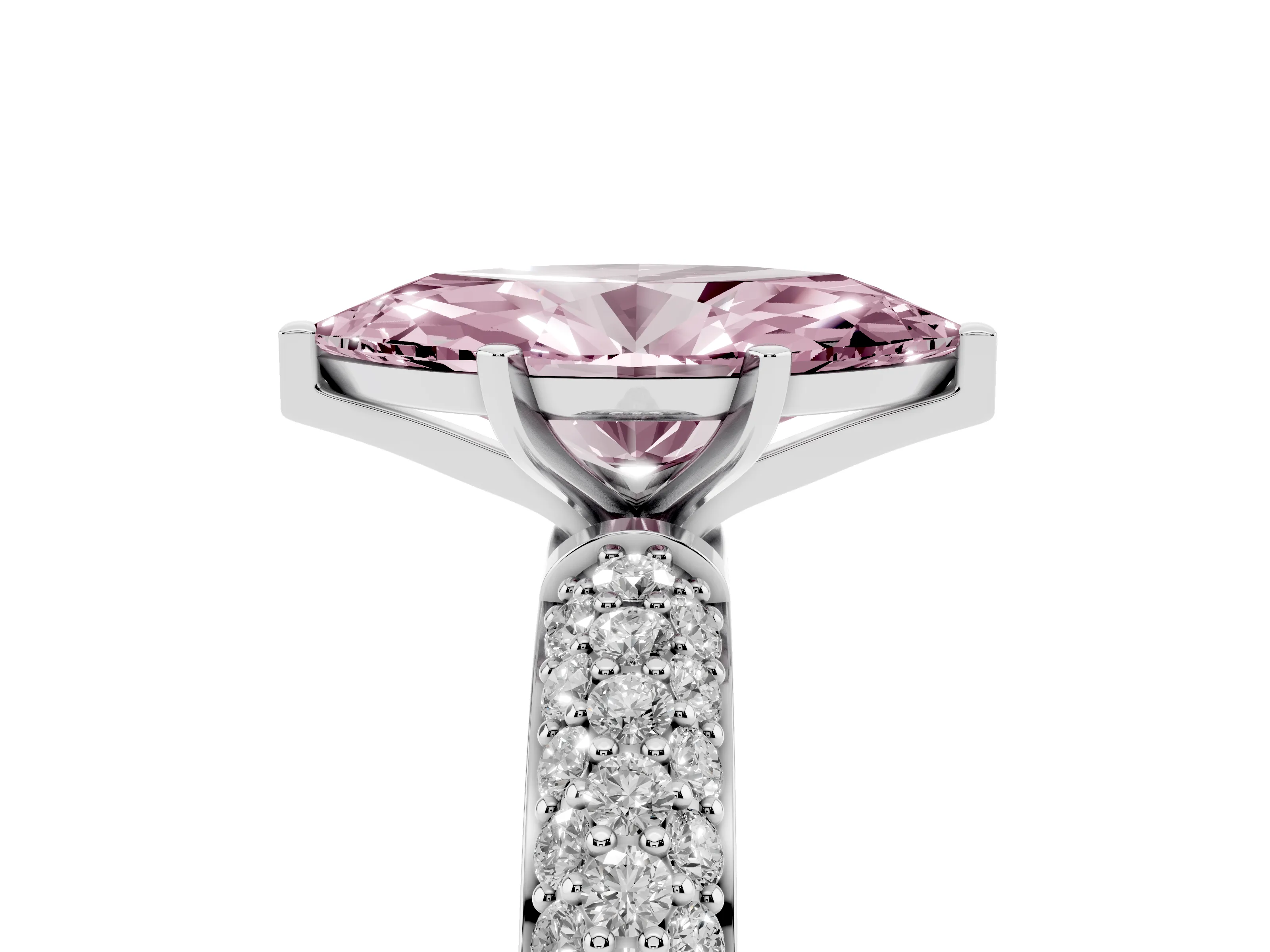 Fancy Pink Marquise Cut Diamond Solitaire Ring Set in Platinum with Prong Setting and Pavé-Set Band