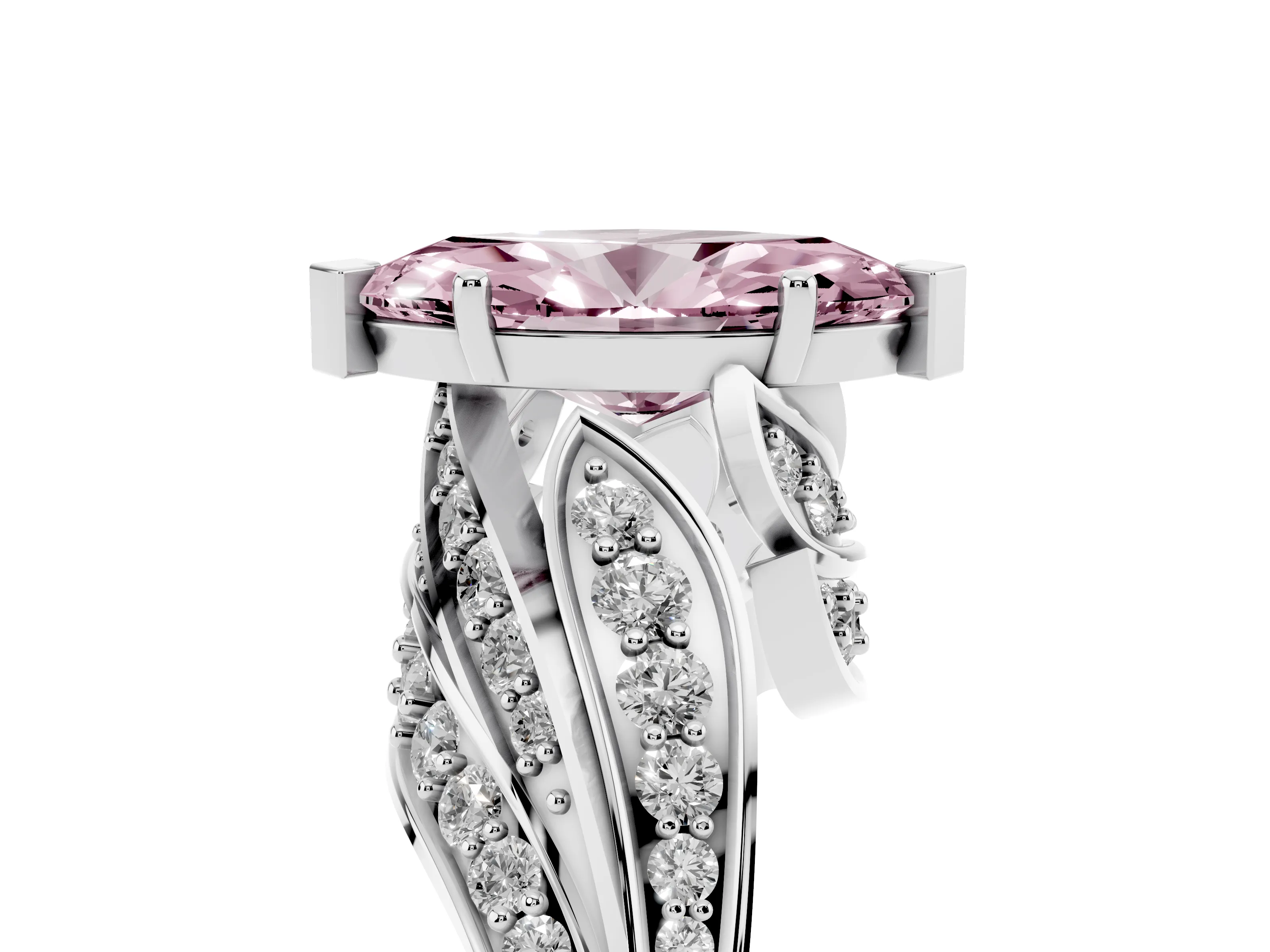 Fancy Pink Marquise Cut Diamond Solitaire Ring Set in Platinum with Layered Twist Pavé Band