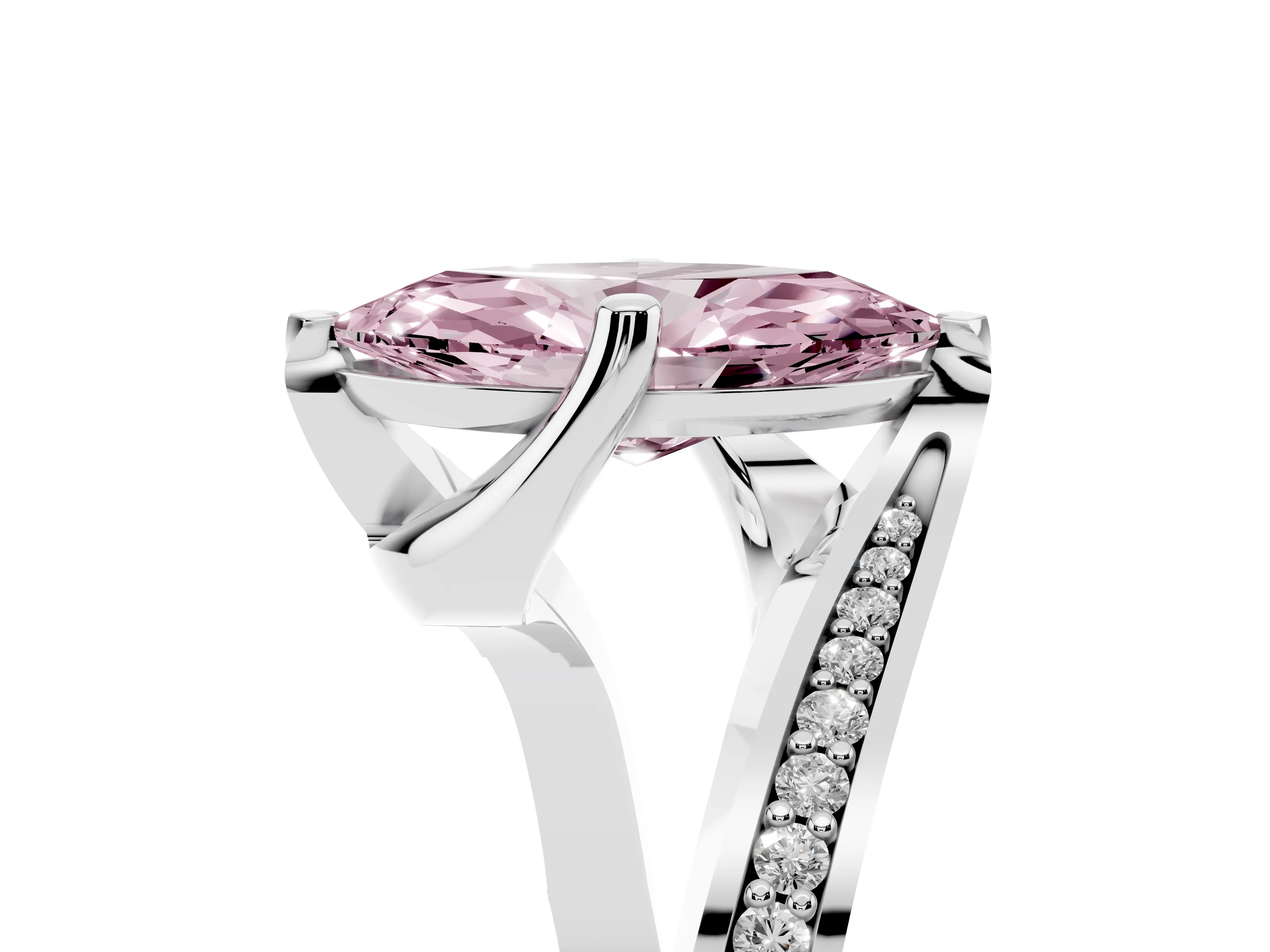Fancy Pink Marquise Cut Diamond Solitaire Ring Set in Platinum with Intertwined Pavé Twist Band