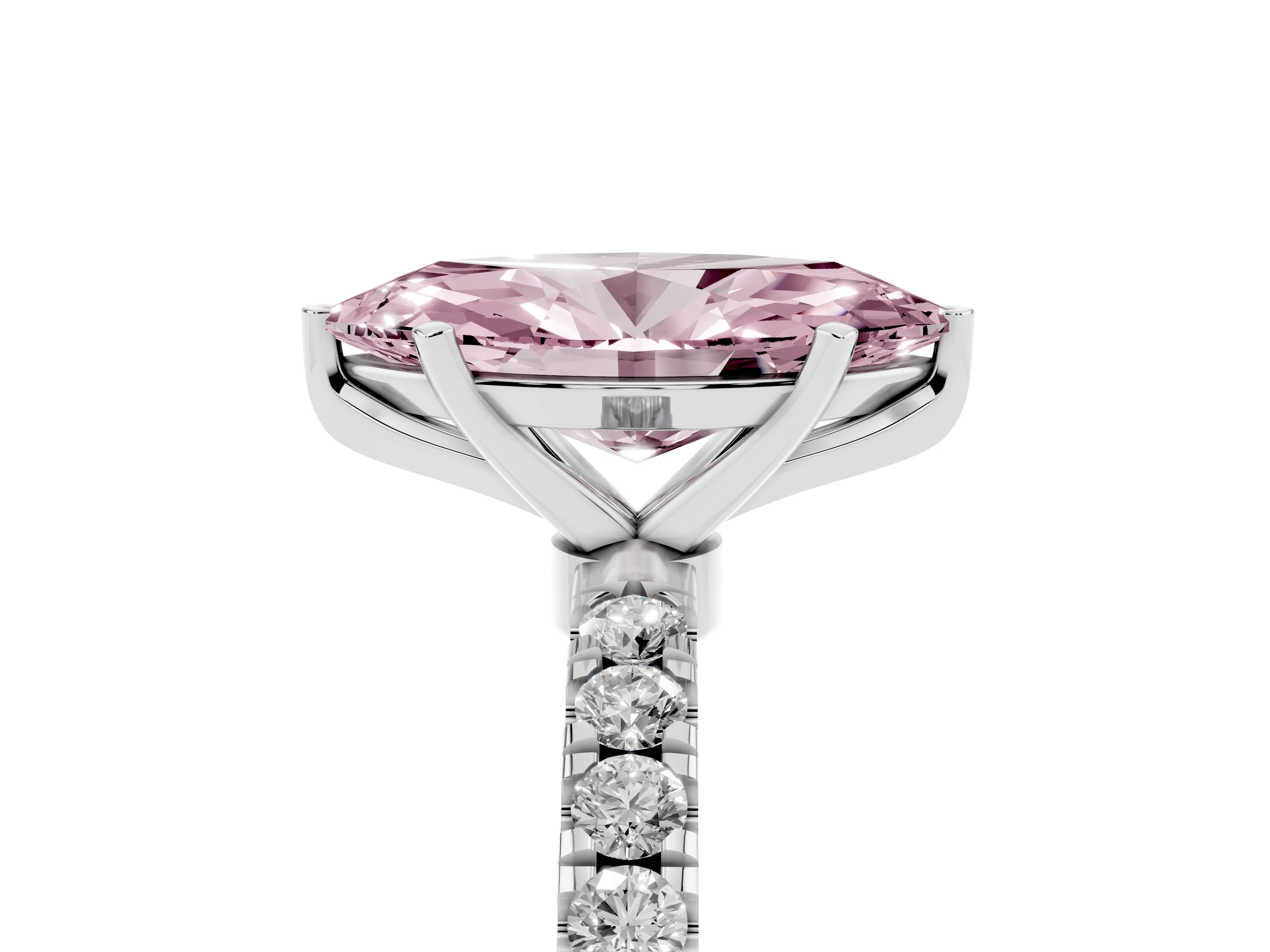 Fancy Pink Marquise Cut Diamond Solitaire Ring Set in Platinum with Pavé Accents and Prong Setting