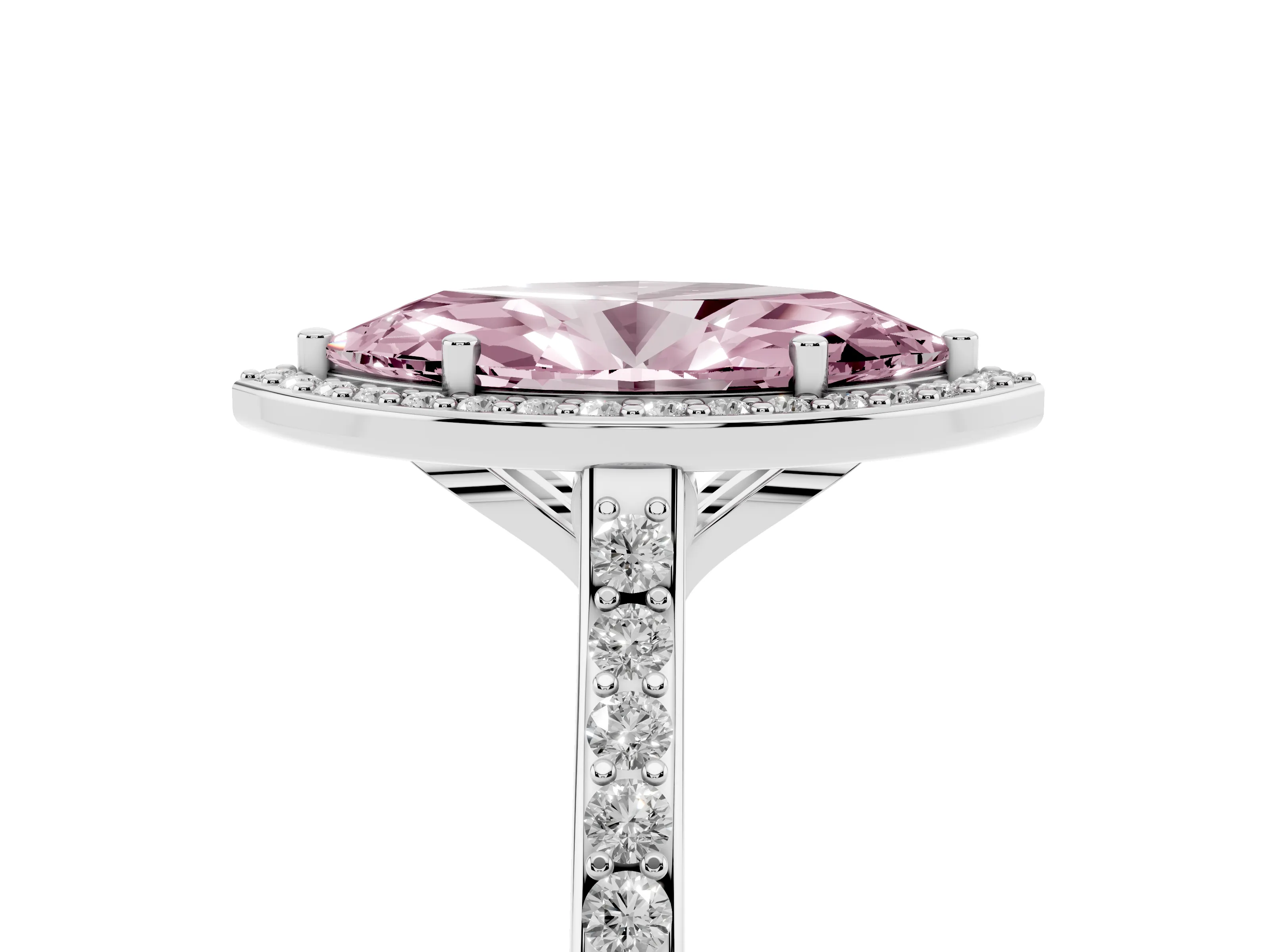 Fancy Pink Marquise Cut Diamond Halo Engagement Ring Set in Silver with Round Pavé Shoulders and Heart Gallery