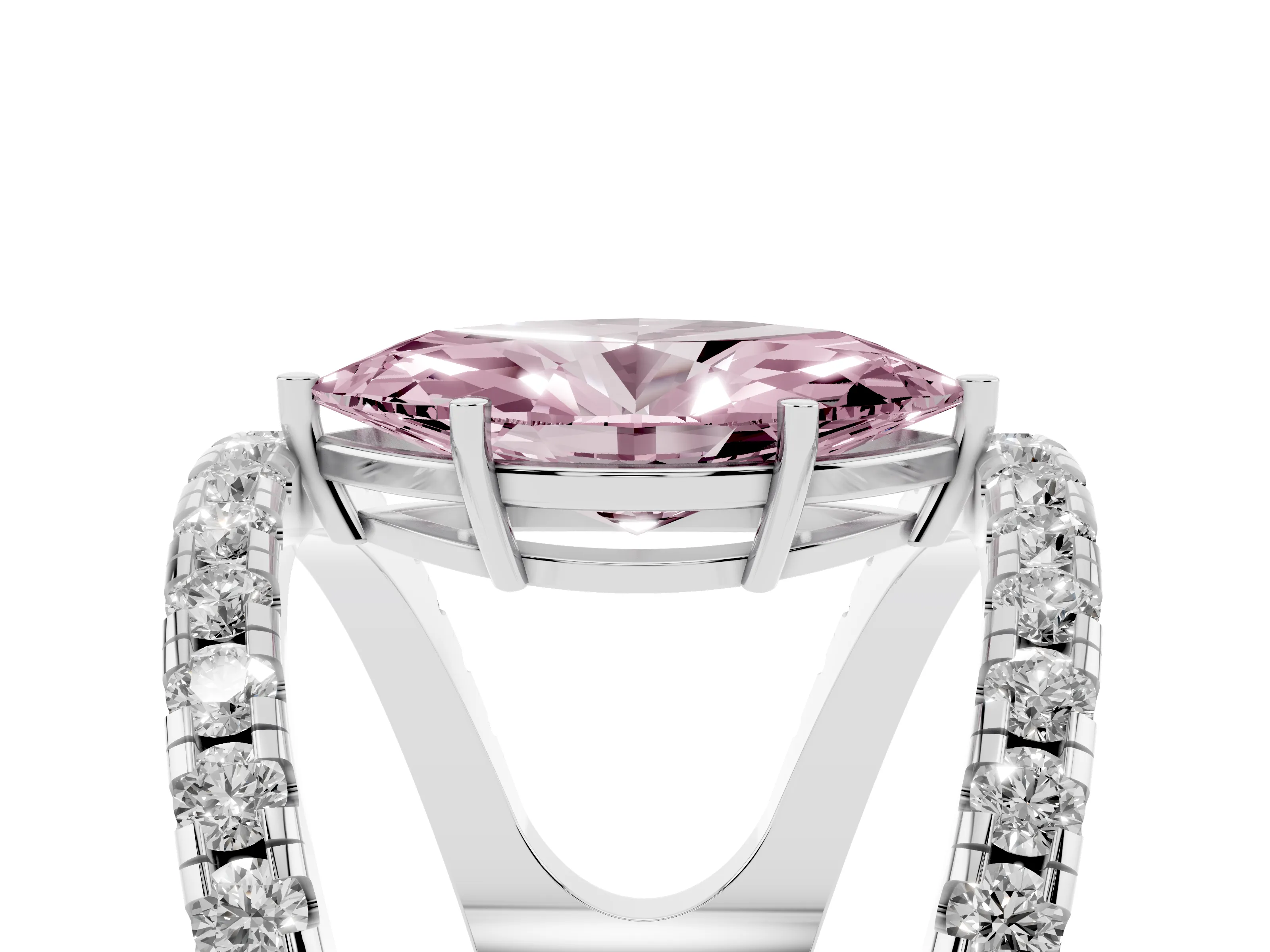 Fancy Pink Marquise Cut Diamond Split Shank Pavé Solitaire Ring Set in Silver with Open Shank Design