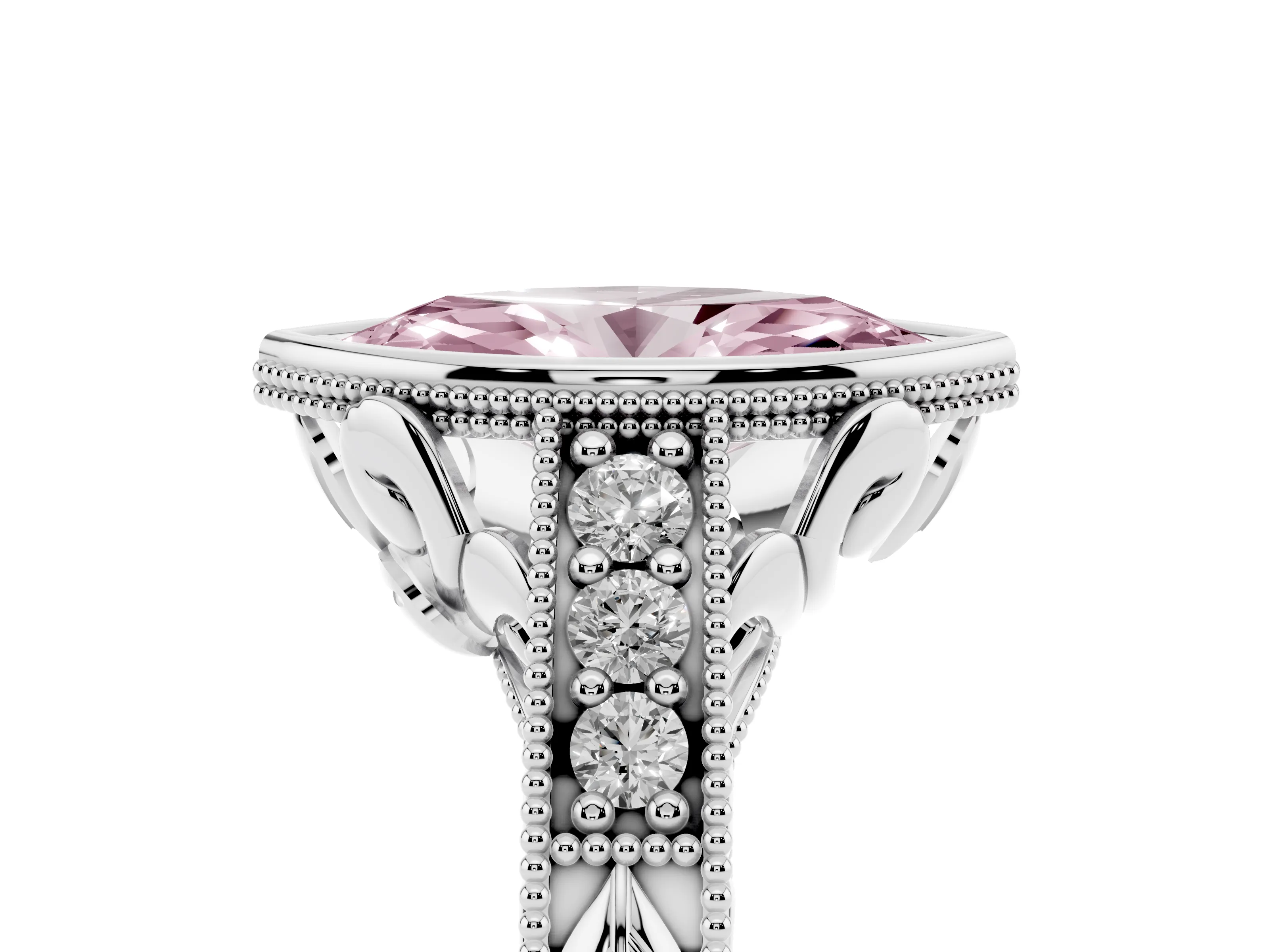 Fancy Pink Bezel Set Marquise Cut Diamond Milgrain Pavé Engagement Ring Set in White gold