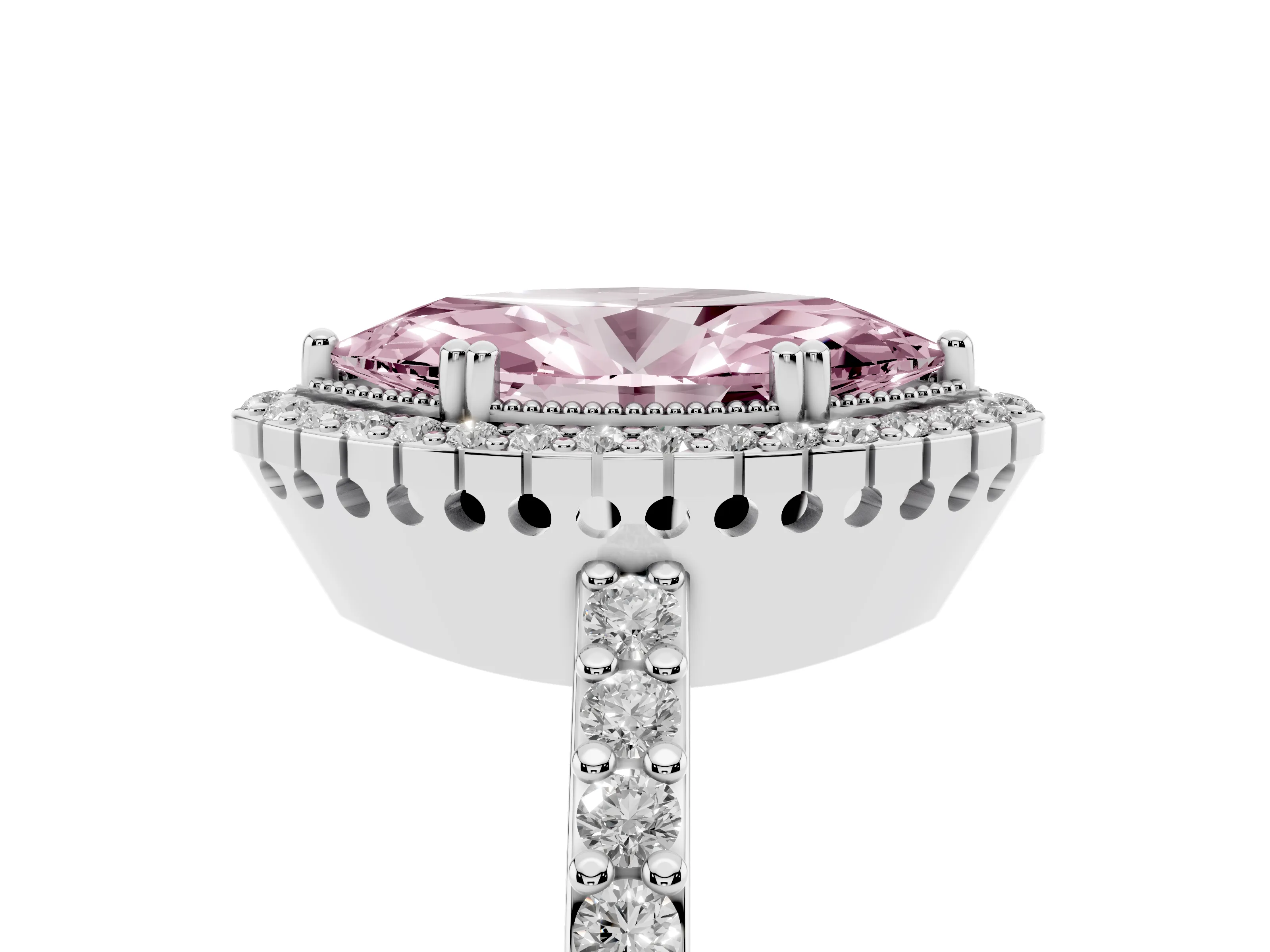 Fancy Pink Marquise Cut Diamond Halo Engagement Ring Set in Silver with Milgrain Detail and Pavé Band