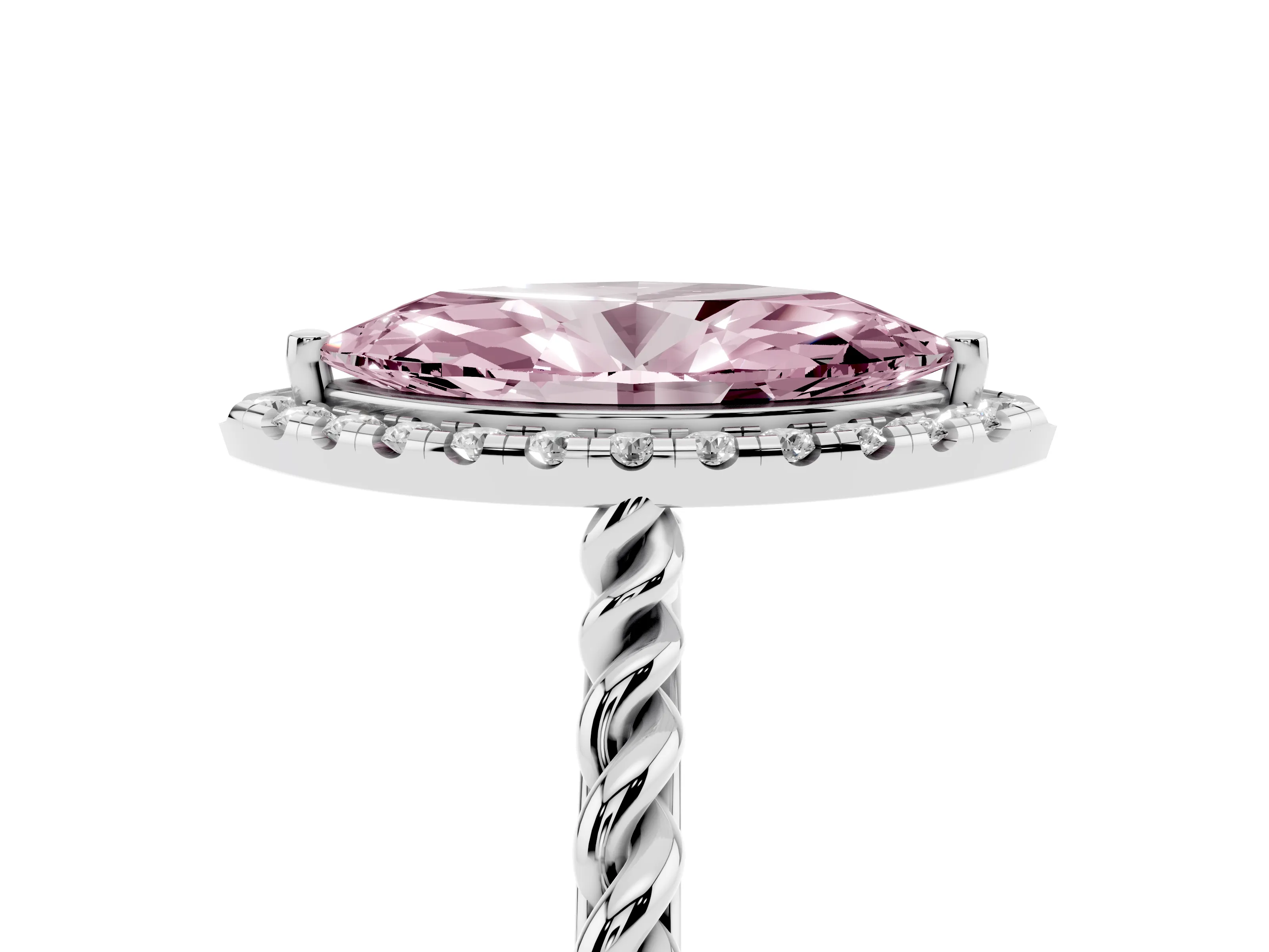 Fancy Pink Marquise Cut Diamond Halo Ring Set in Silver with Plain Twisted Band