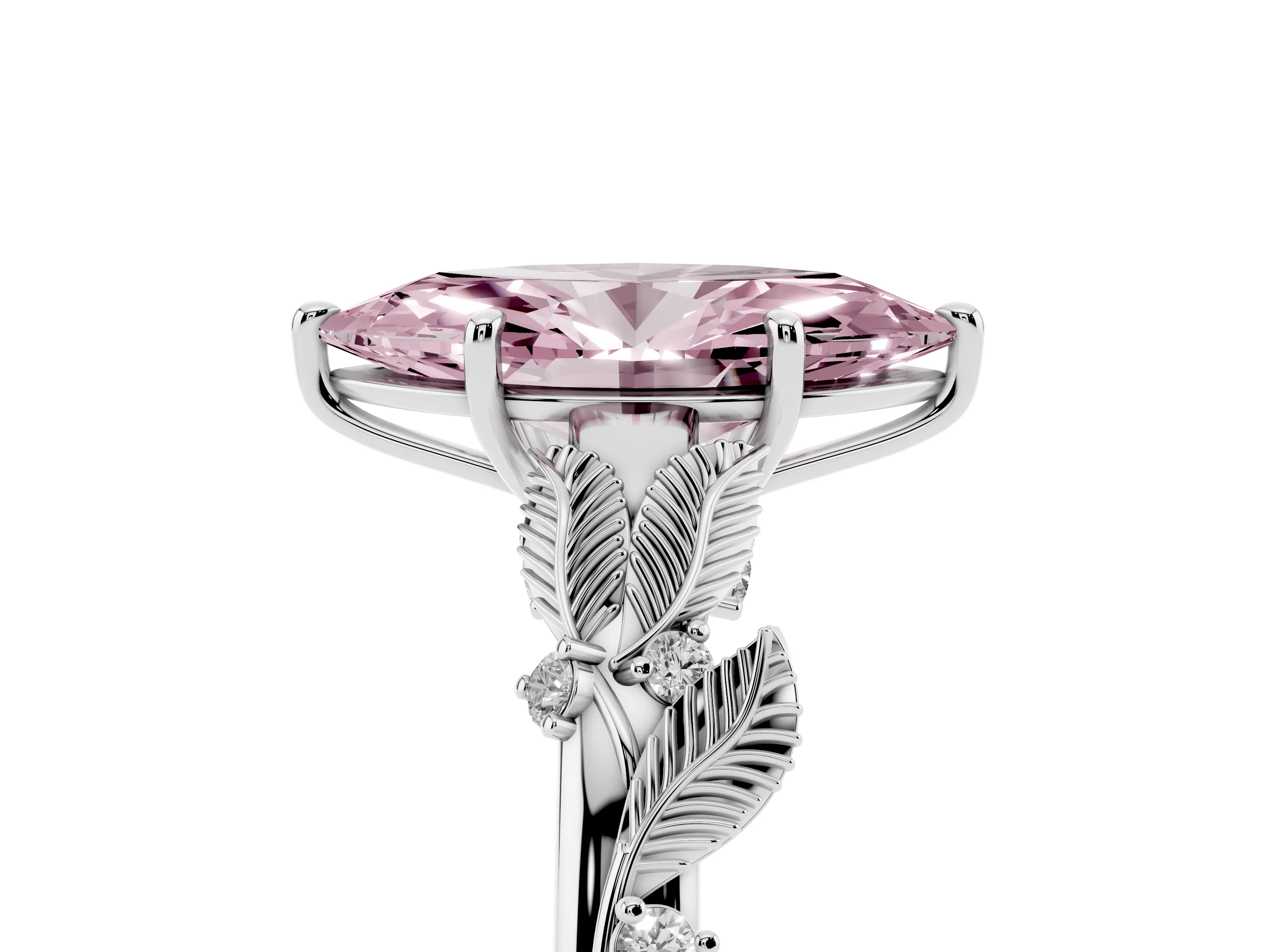 Fancy Pink Marquise Cut Diamond Solitaire Ring Set in Silver with Leaf Motif Band