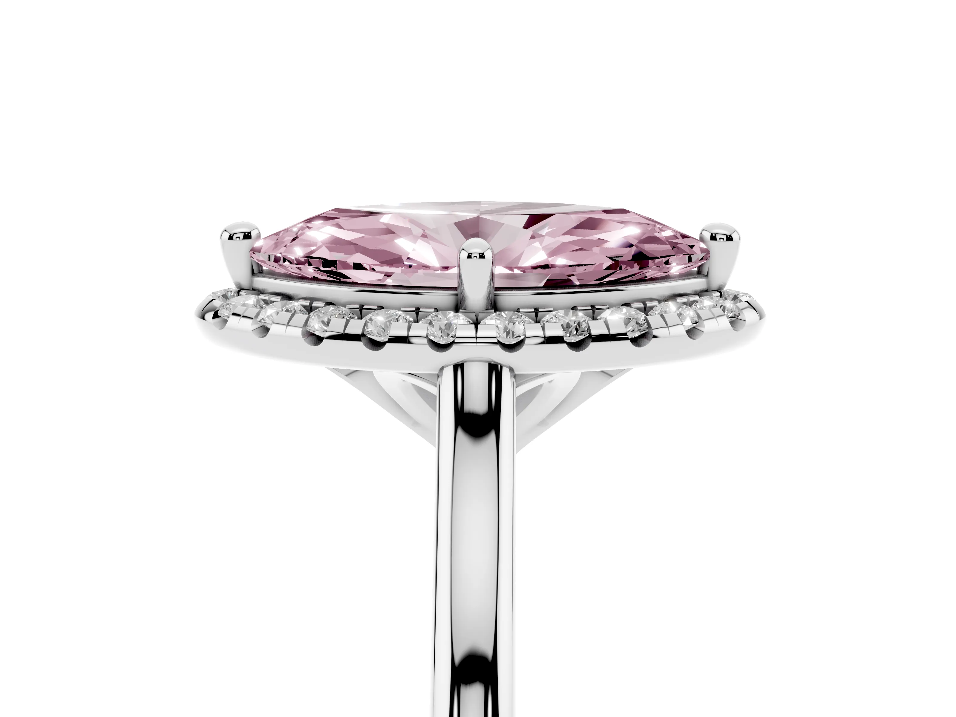 Fancy Pink Marquise Cut Diamond Halo Engagement Ring Set in Platinum with Pavé Band and Rising Shoulders