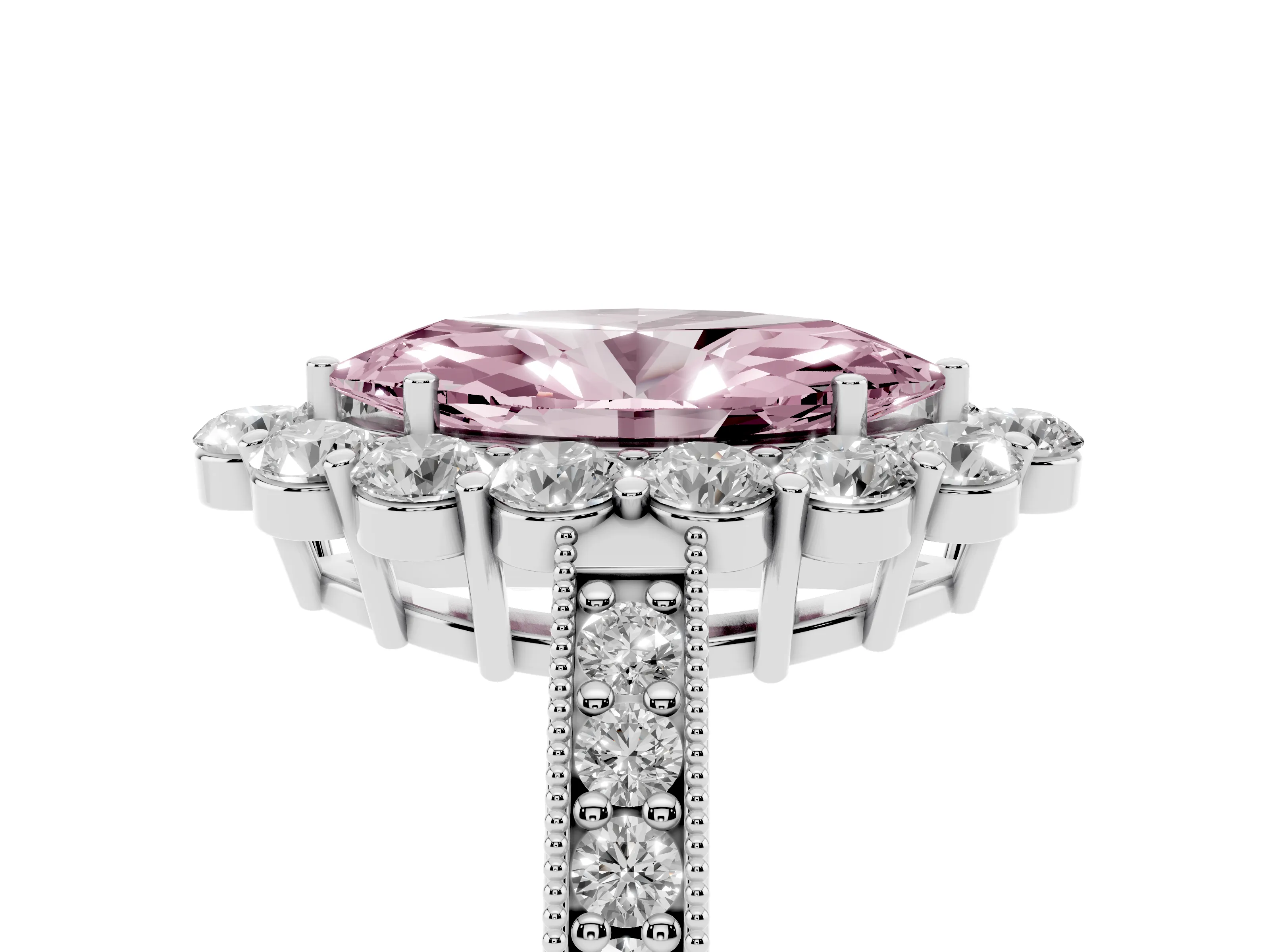 Fancy Pink Marquise Cut Diamond Halo Pavé Engagement Ring Set in White gold with Milgrain Detailing