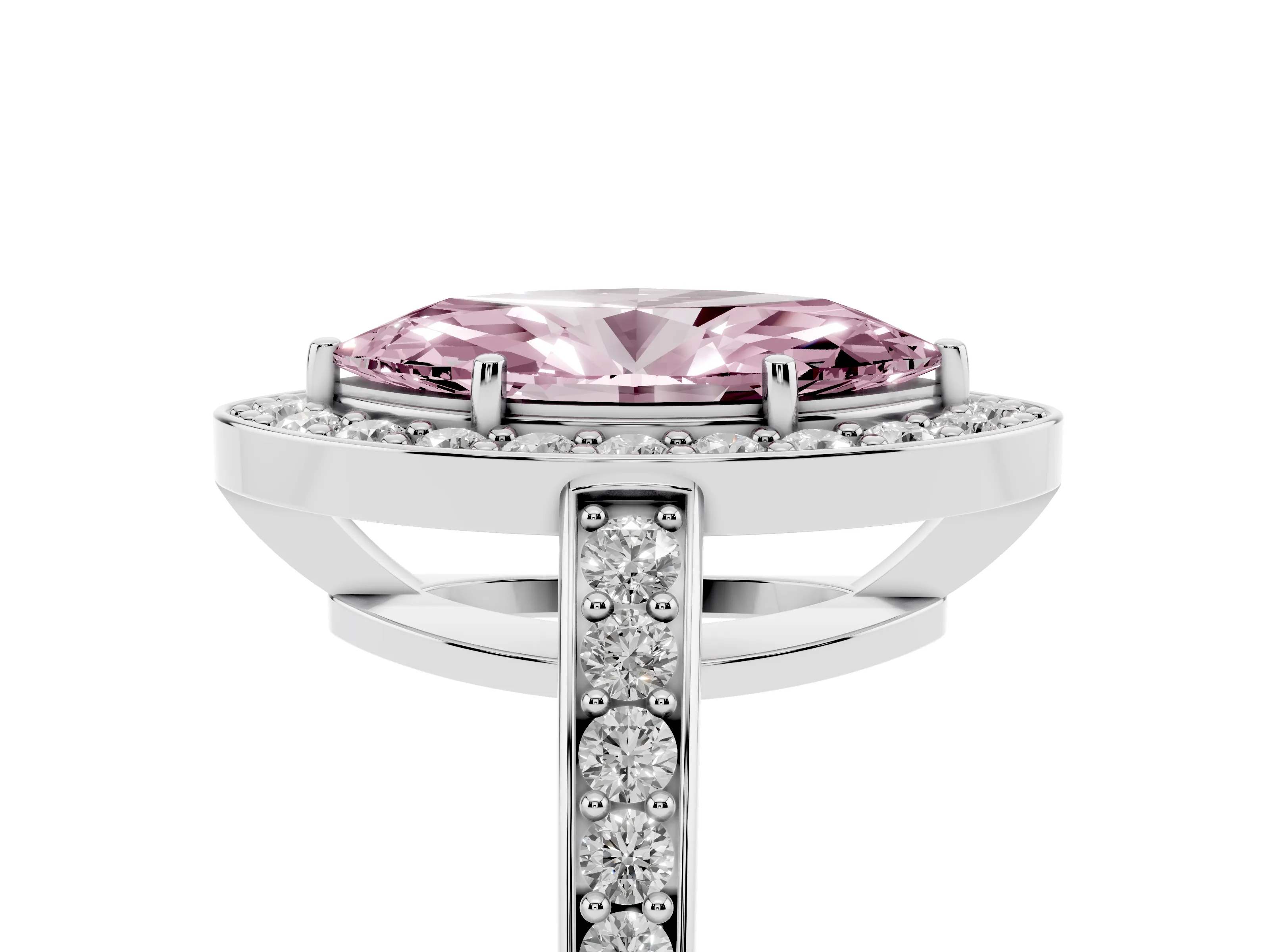 Fancy Pink Marquise Cut Diamond Halo Pavé Engagement Ring Set in White gold with Bezel Setting