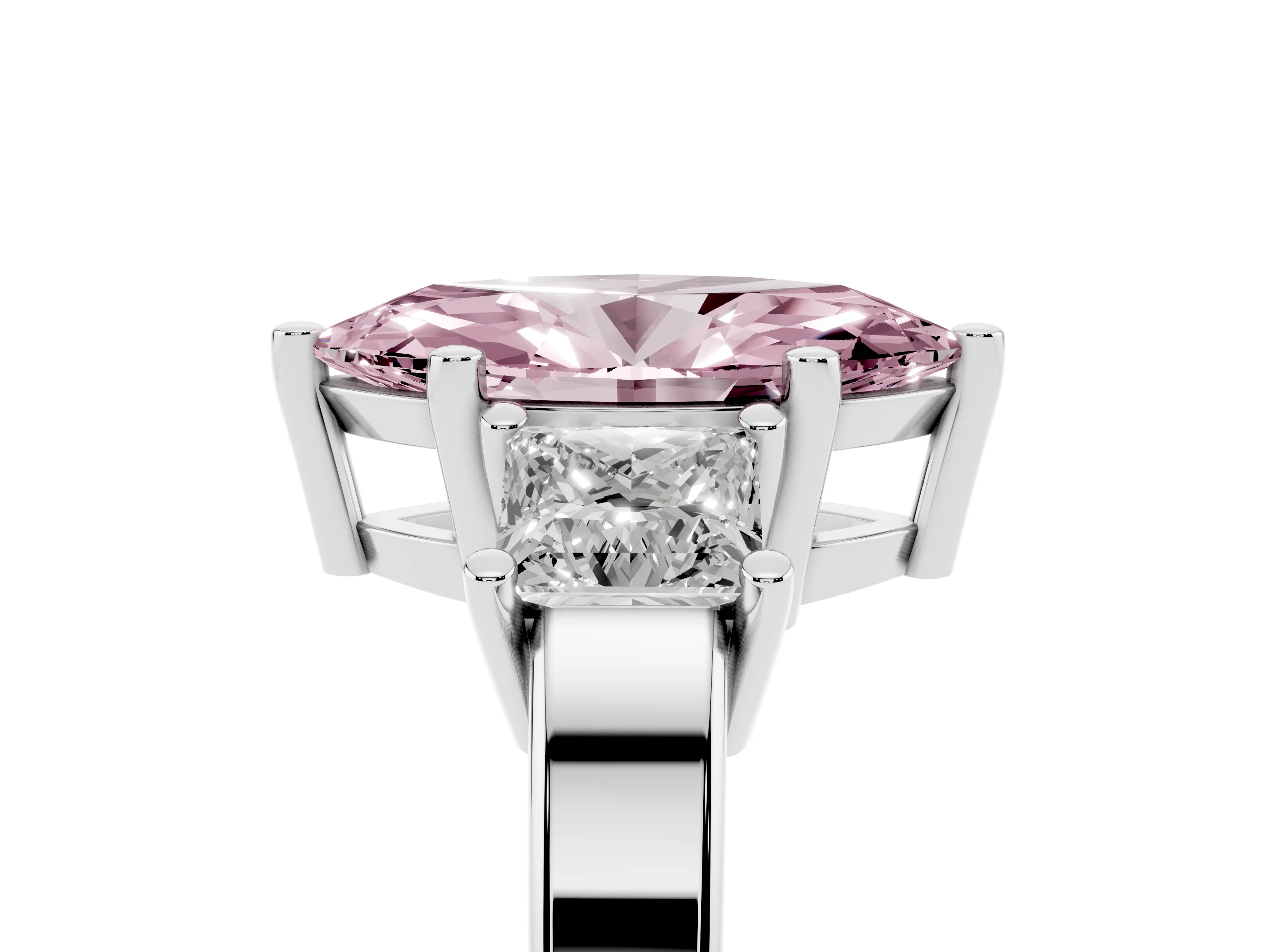 Fancy Pink Three-Stone Marquise Cut Diamond Solitaire Ring Set in Platinum with Prong Setting
