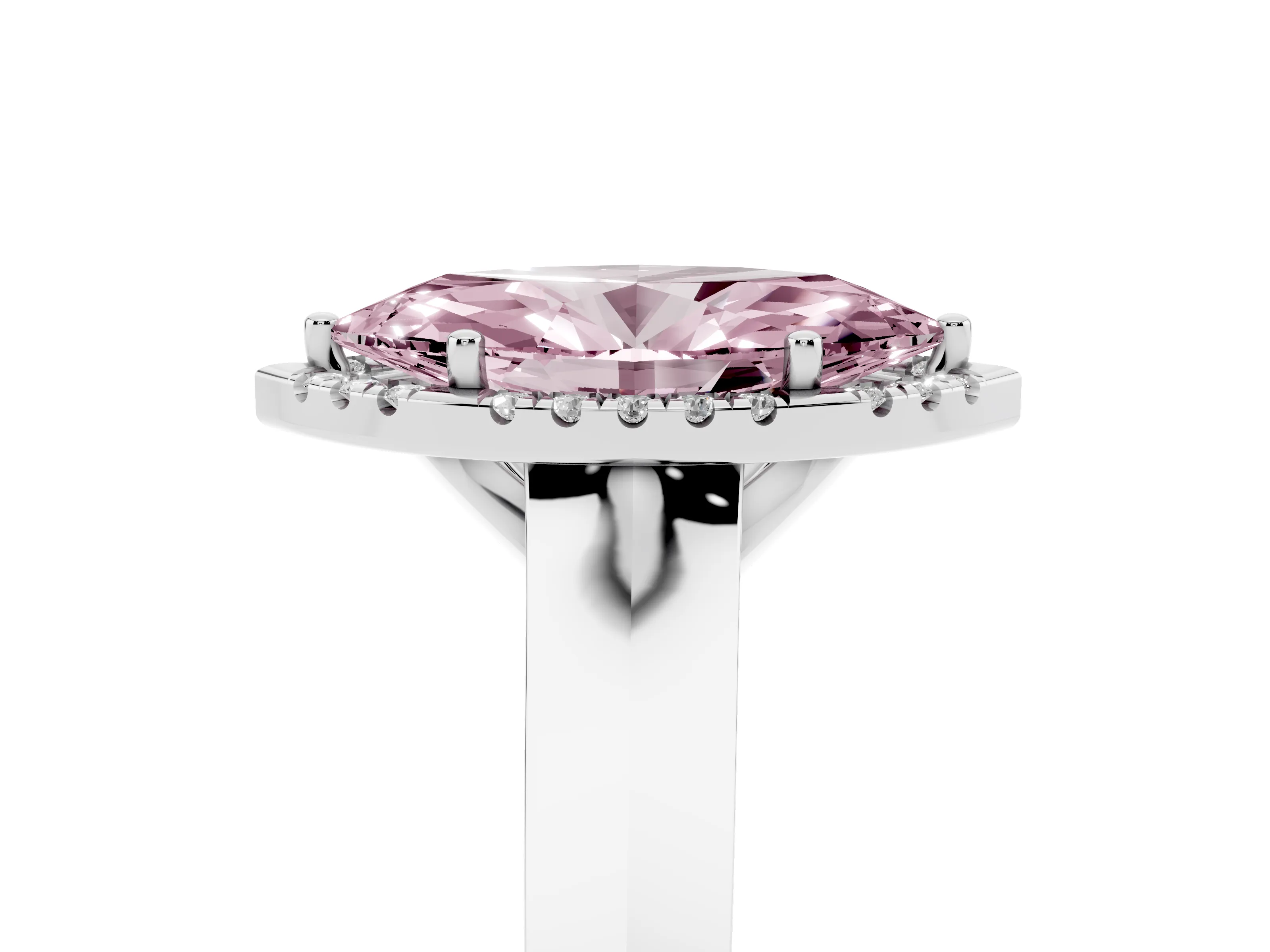 Fancy Pink Marquise Cut Diamond Halo Ring Set in White gold with Cathedral Band and Prong Setting