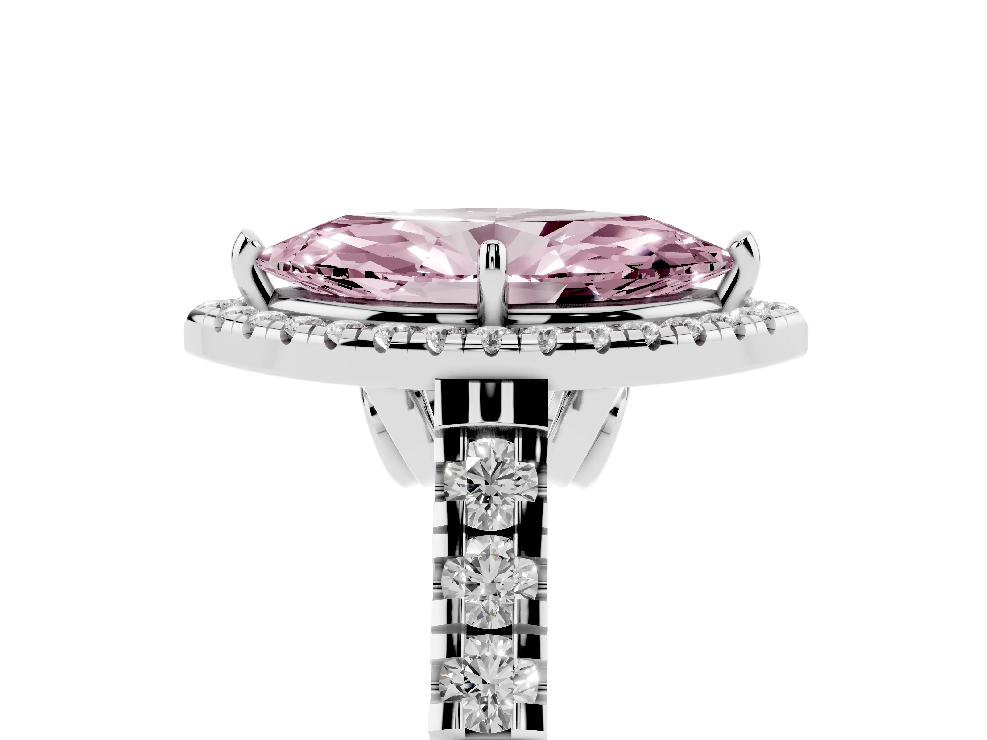 Fancy Pink Marquise Cut Diamond Halo Engagement Ring Set in Platinum with Pavé Band and Prong-Set Center