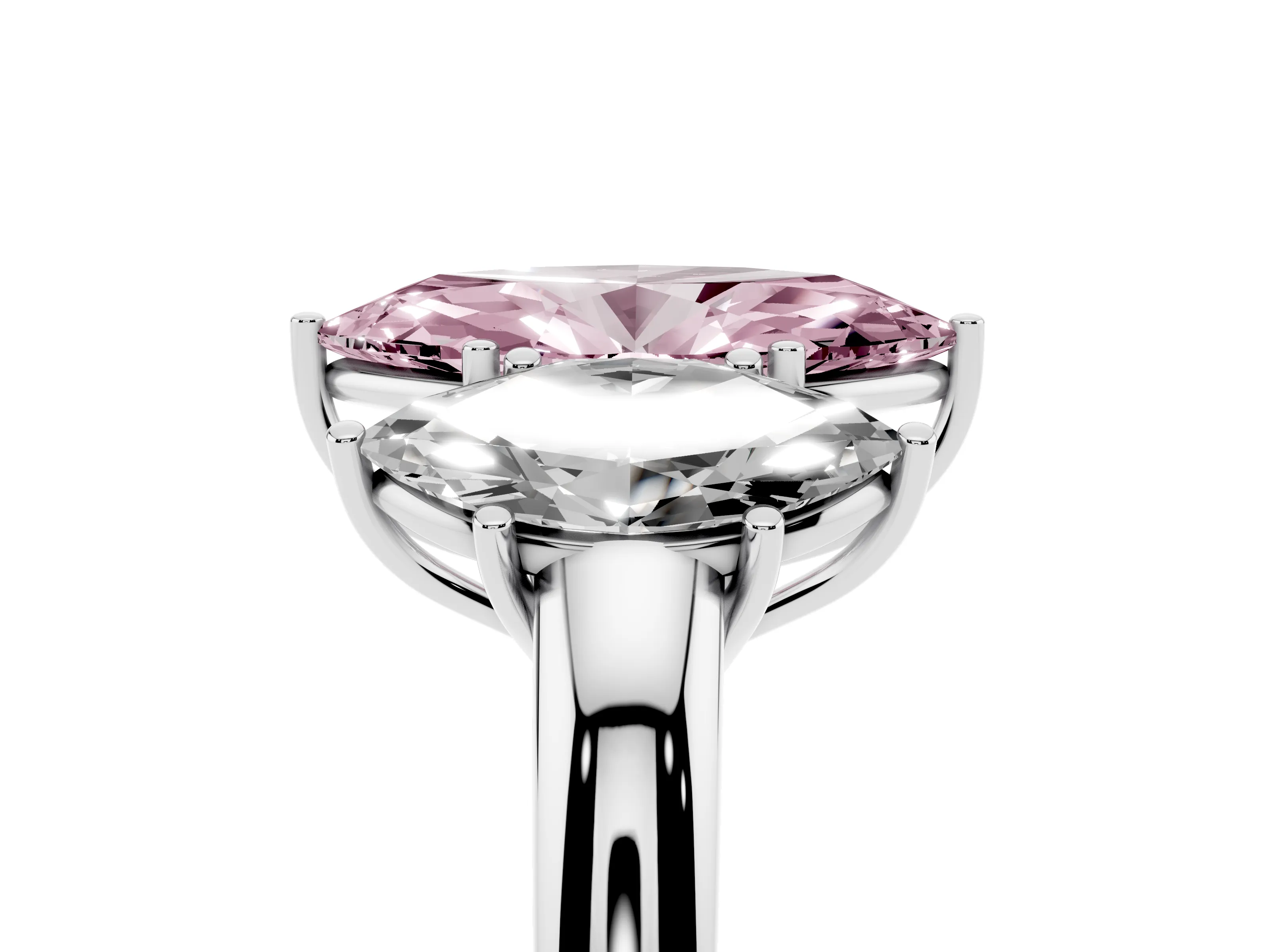 Fancy Pink Marquise Cut Diamond Three-Stone Ring Set in White gold with Bold Center and Classic Band