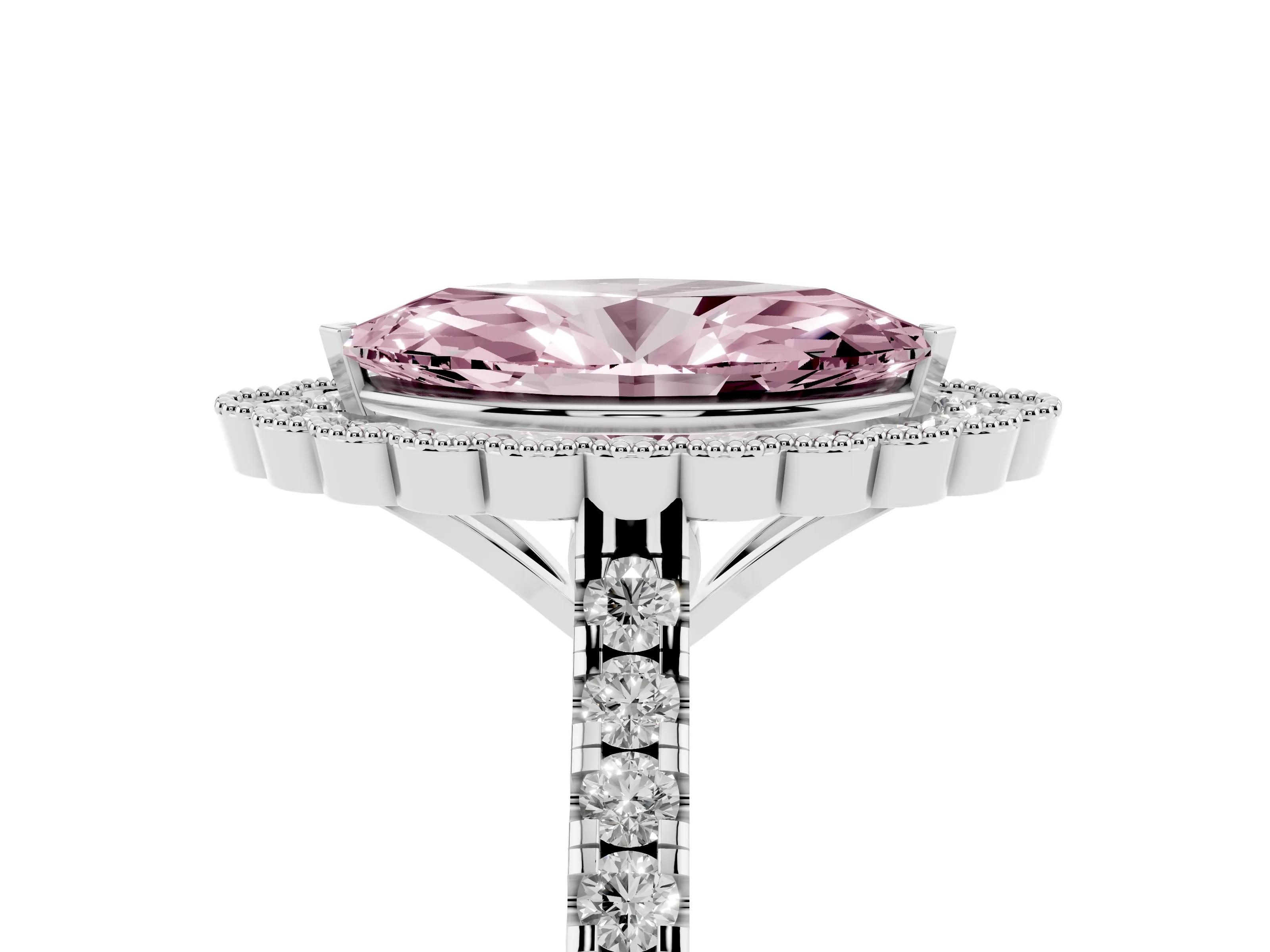 Fancy Pink Marquise Cut Diamond Milgrain Floral Halo Engagement Ring Set in White gold with Pavé Band