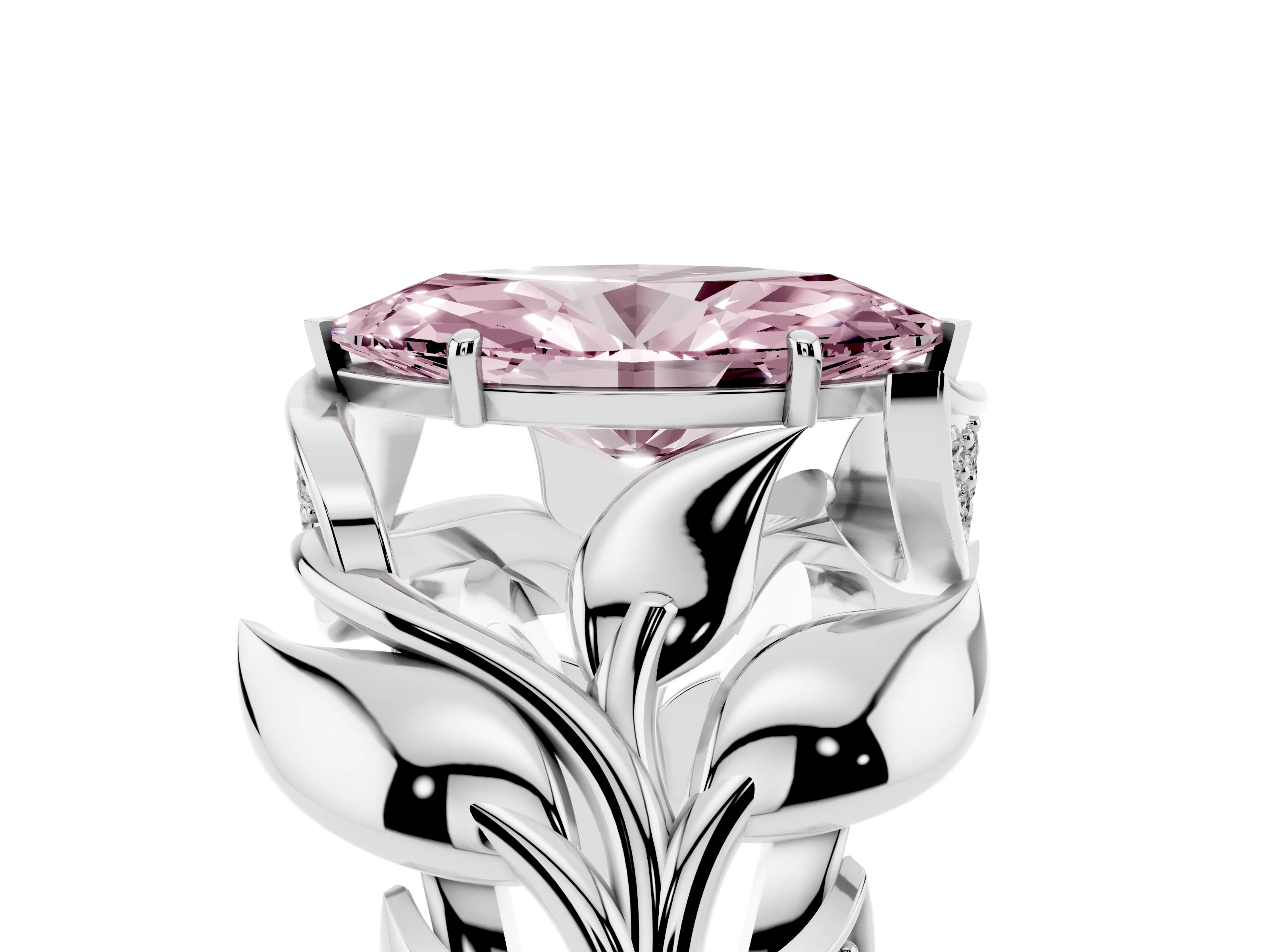 Fancy Pink Marquise Cut Diamond Leaf-Inspired Engagement Ring Set in Platinum with Round Accents