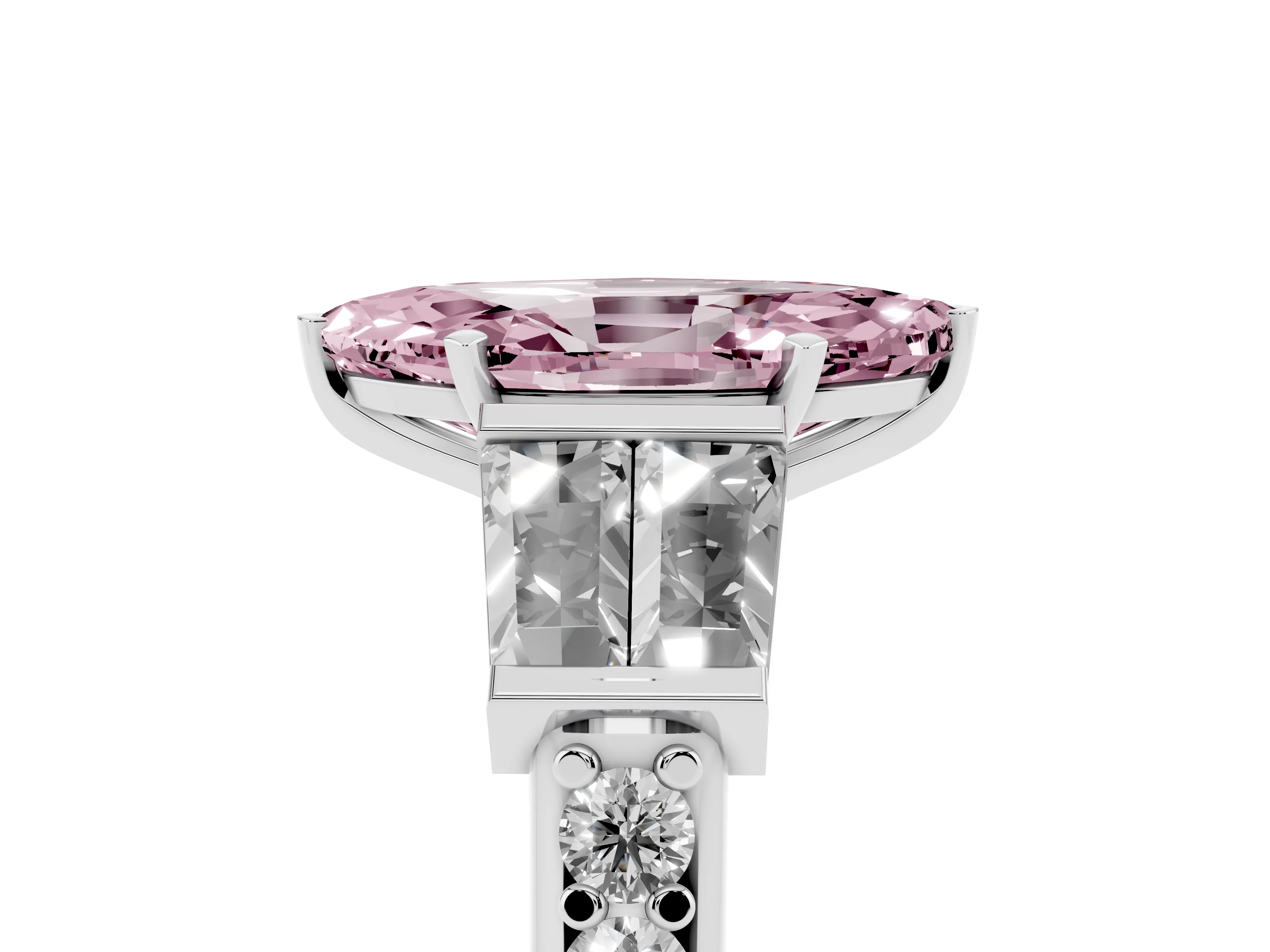 Fancy Pink Marquise Cut Diamond Engagement Ring Set in White gold with Baguette Side Stones and Channel Set Band