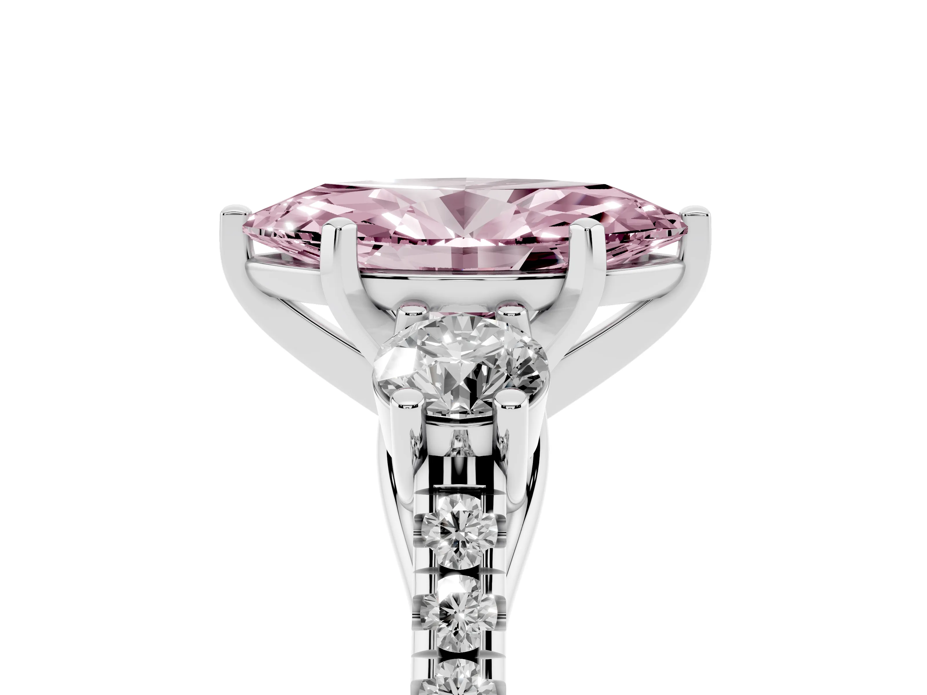 Fancy Pink Three-Stone Marquise Cut Diamond Pavé Band Ring Set in Platinum with Prong-Set Trio