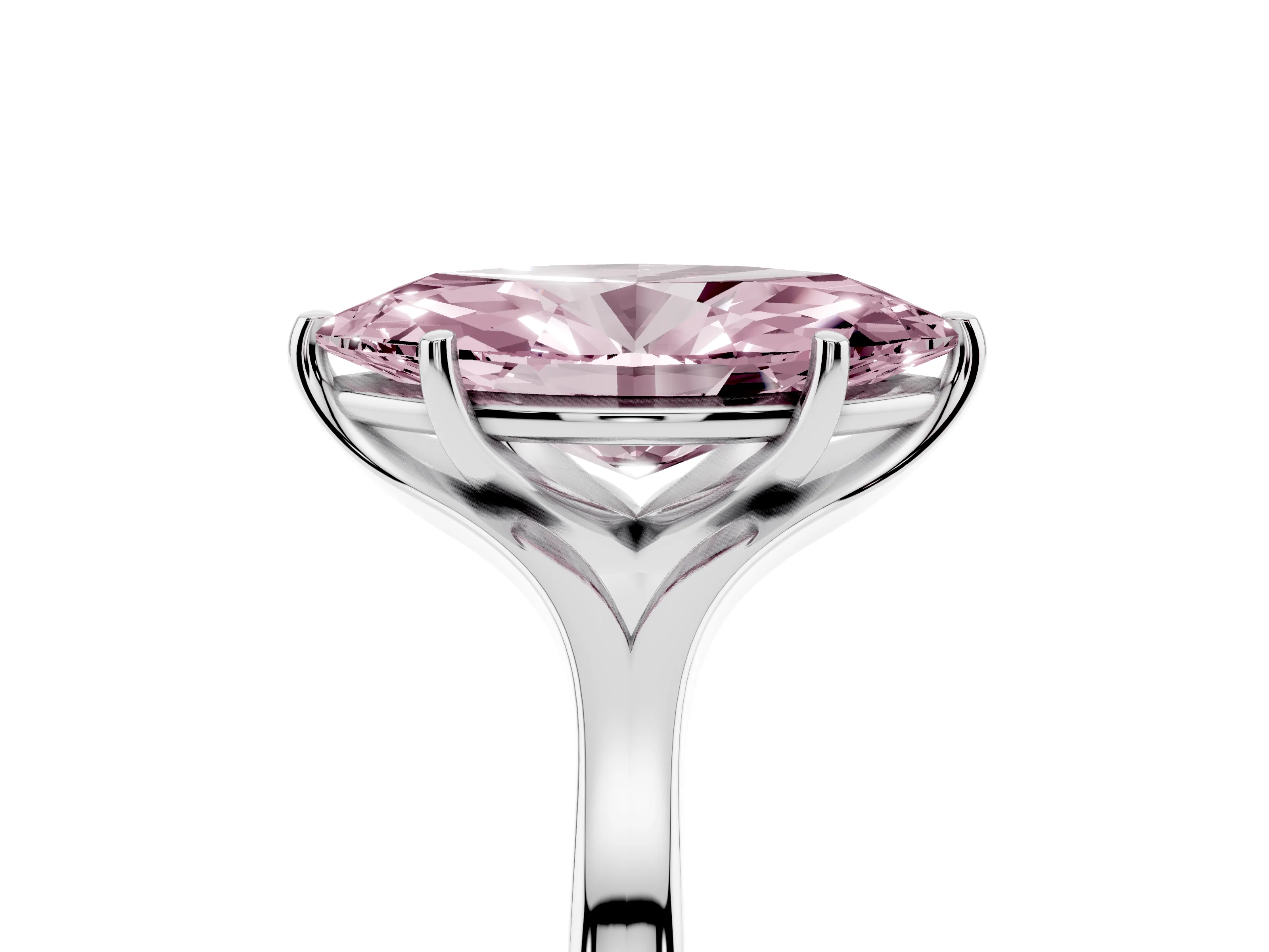 Fancy Pink Marquise Cut Diamond Solitaire Ring Set in Platinum with Polished Tapered Band and Prong Setting