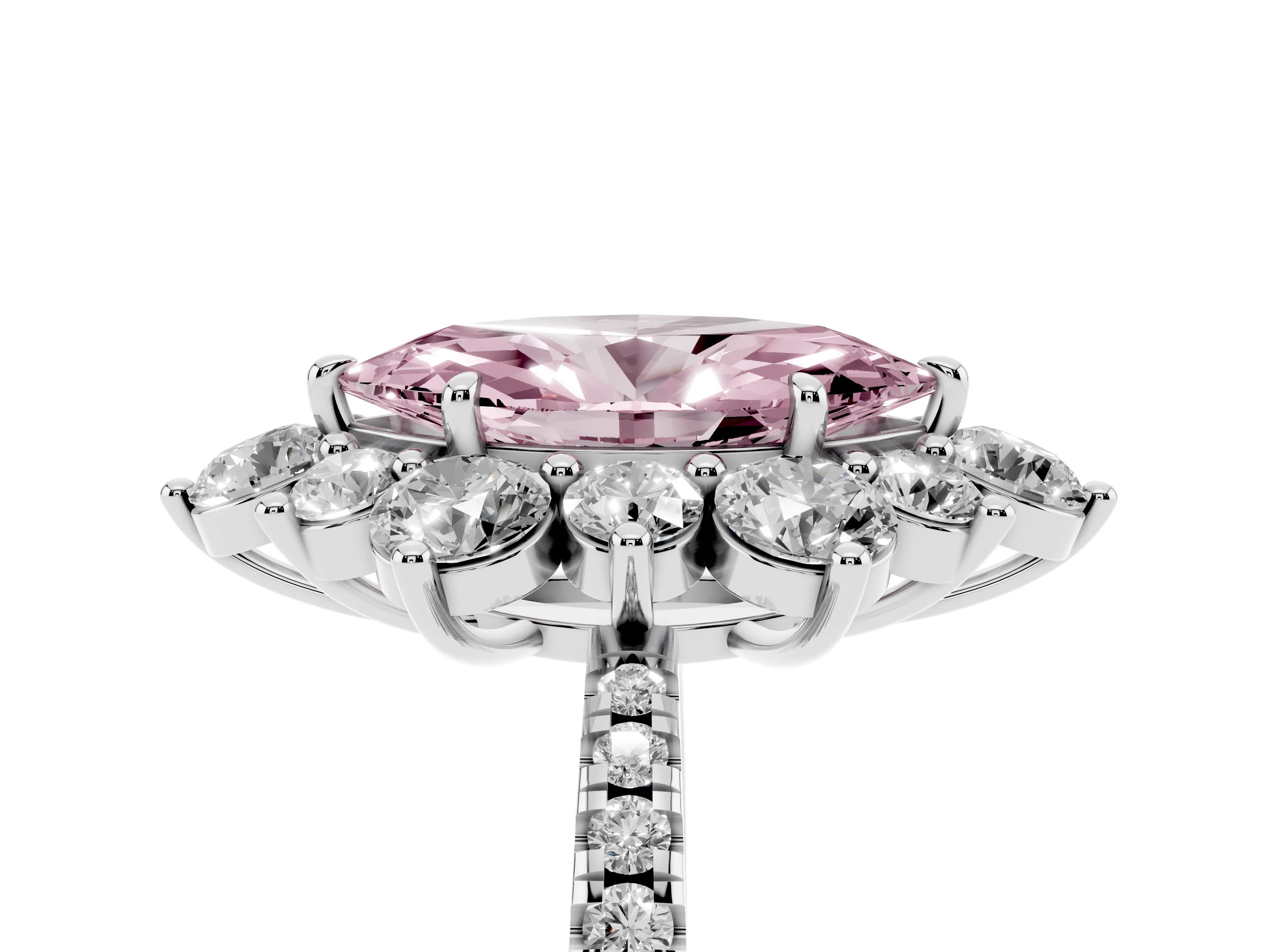 Fancy Pink Marquise Cut Diamond Floral Halo Ring Set in White gold with Round Pavé Band and Prong Setting