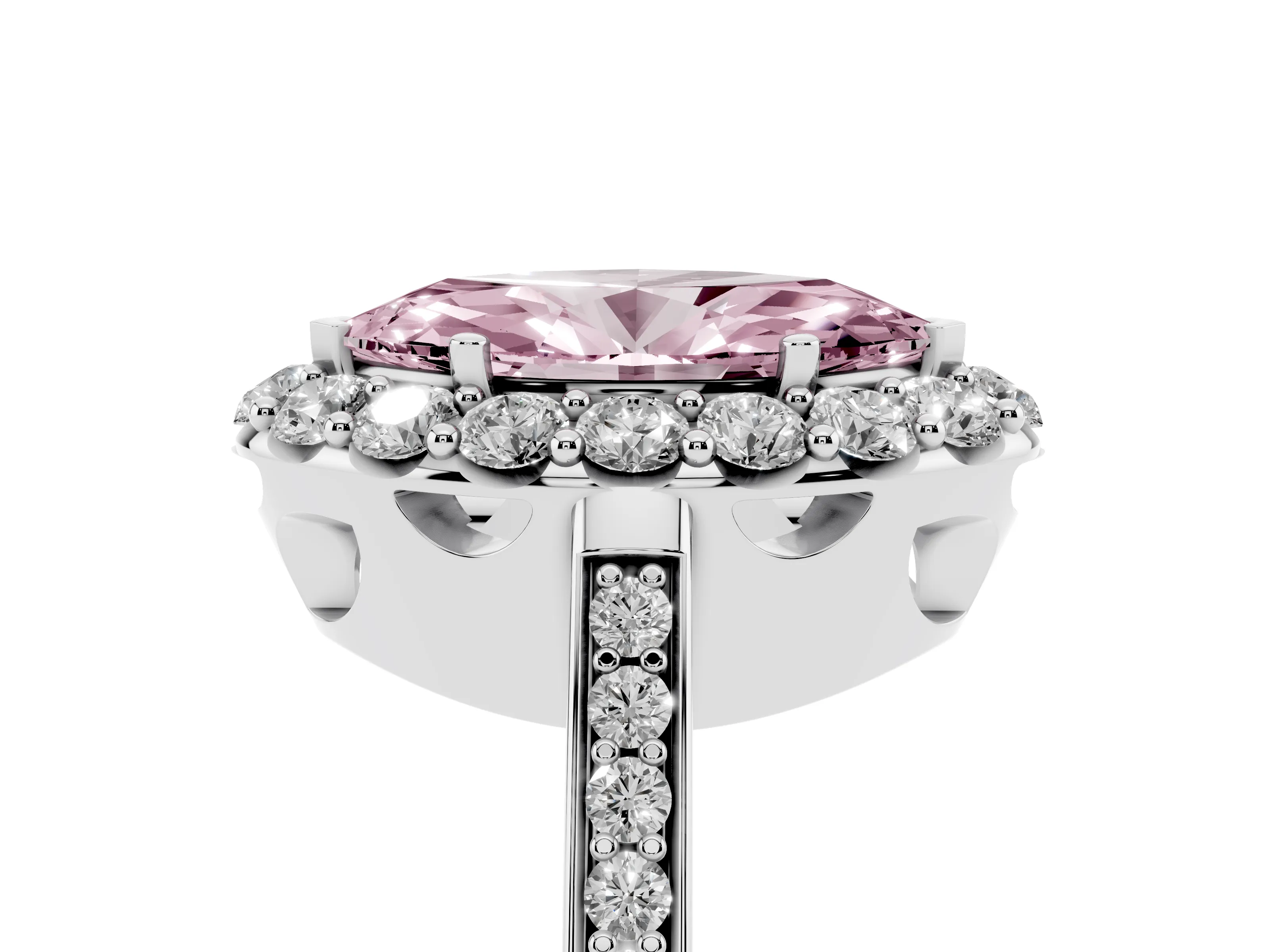 Fancy Pink Marquise Cut Diamond Floral Halo Ring Set in Silver with Pavé Band and Prong Setting
