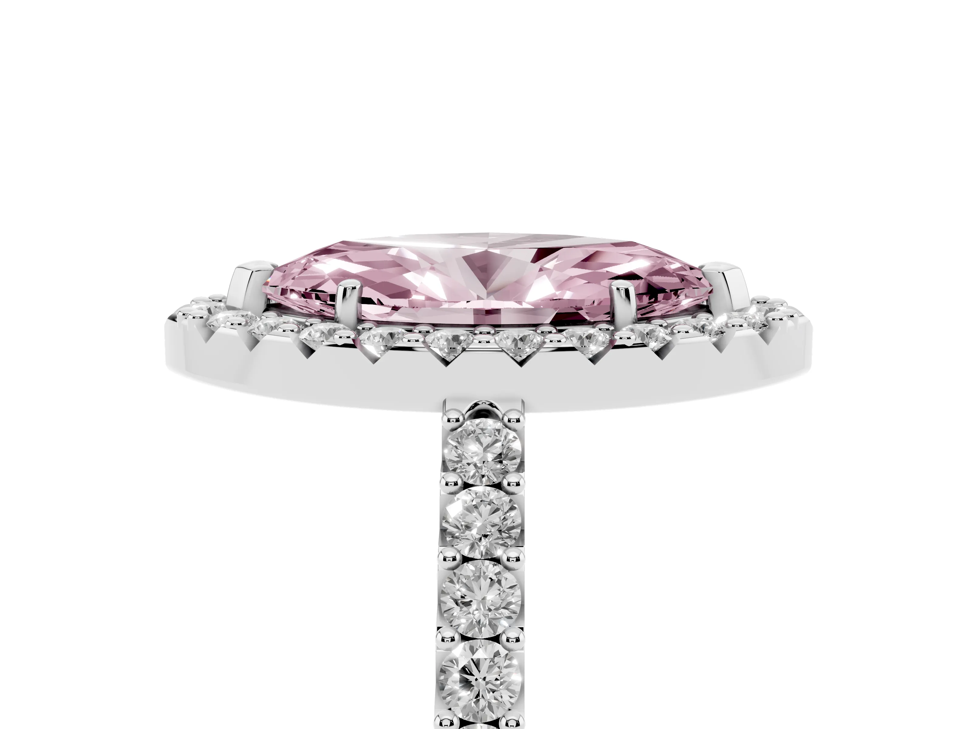 Fancy Pink Marquise Cut Diamond Halo Pavé Solitaire Ring Set in White gold with Prong-Set Center Stone