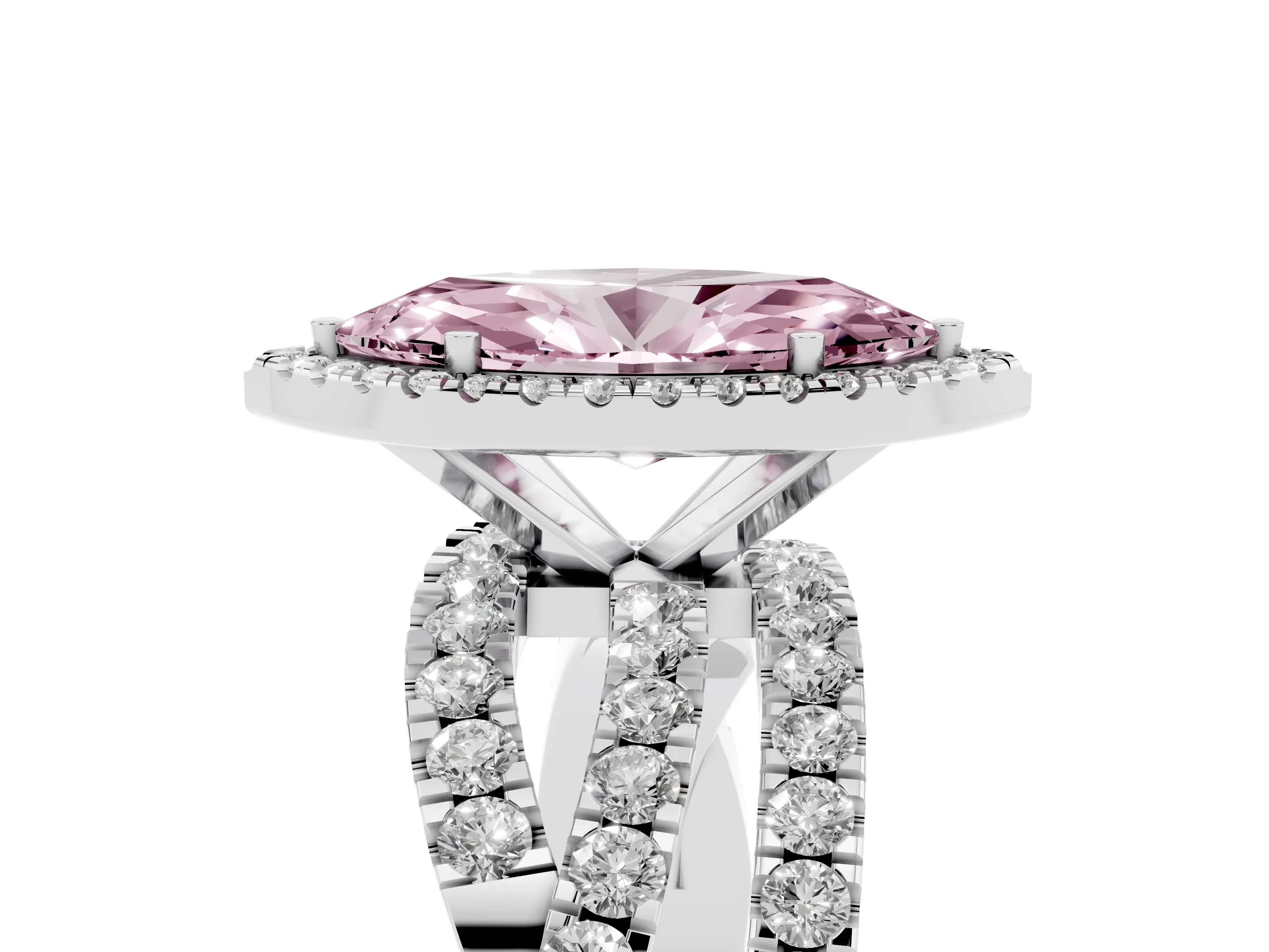 Fancy Pink Marquise Cut Diamond Halo Ring Set in White gold with Round Crossover Split Shank and Prong Setting