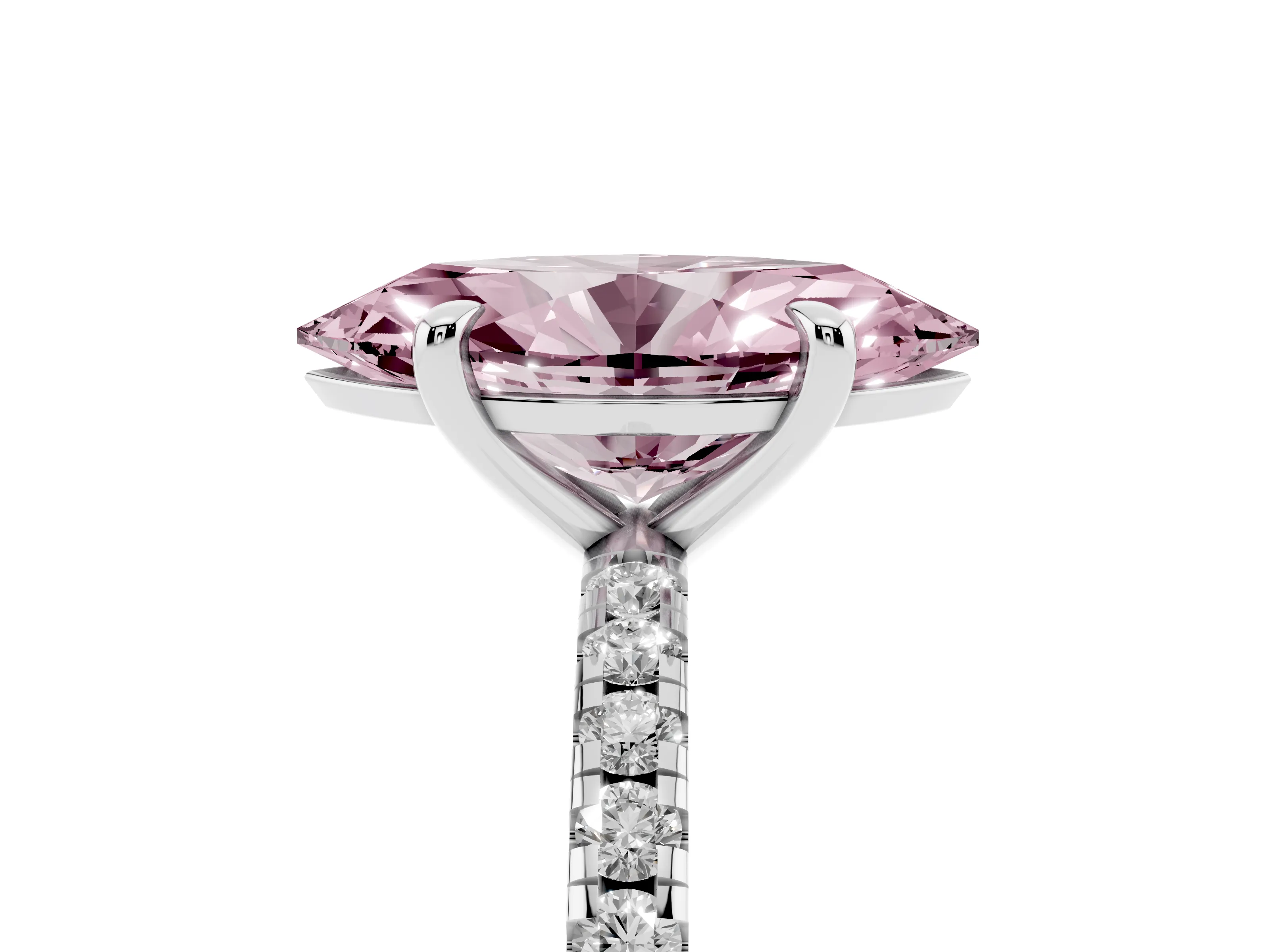Fancy Pink Marquise Cut Diamond Brilliant Solitaire Ring Set in Silver with Pavé Band and Prong Setting