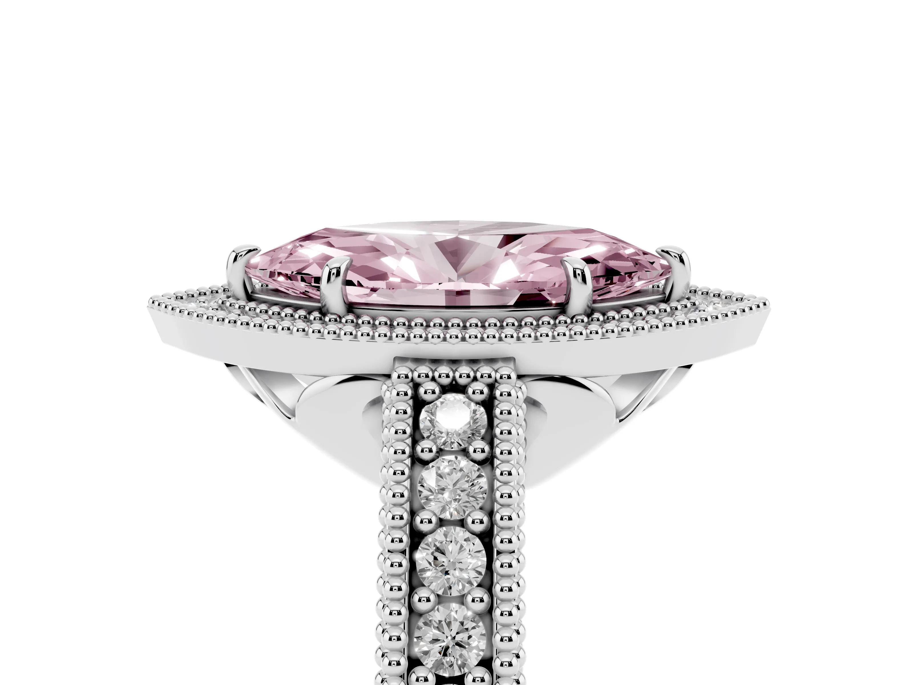Fancy Pink Marquise Cut Diamond Halo Ring Set in White gold with Round Accent Halo, Pavé Band and Prong Setting