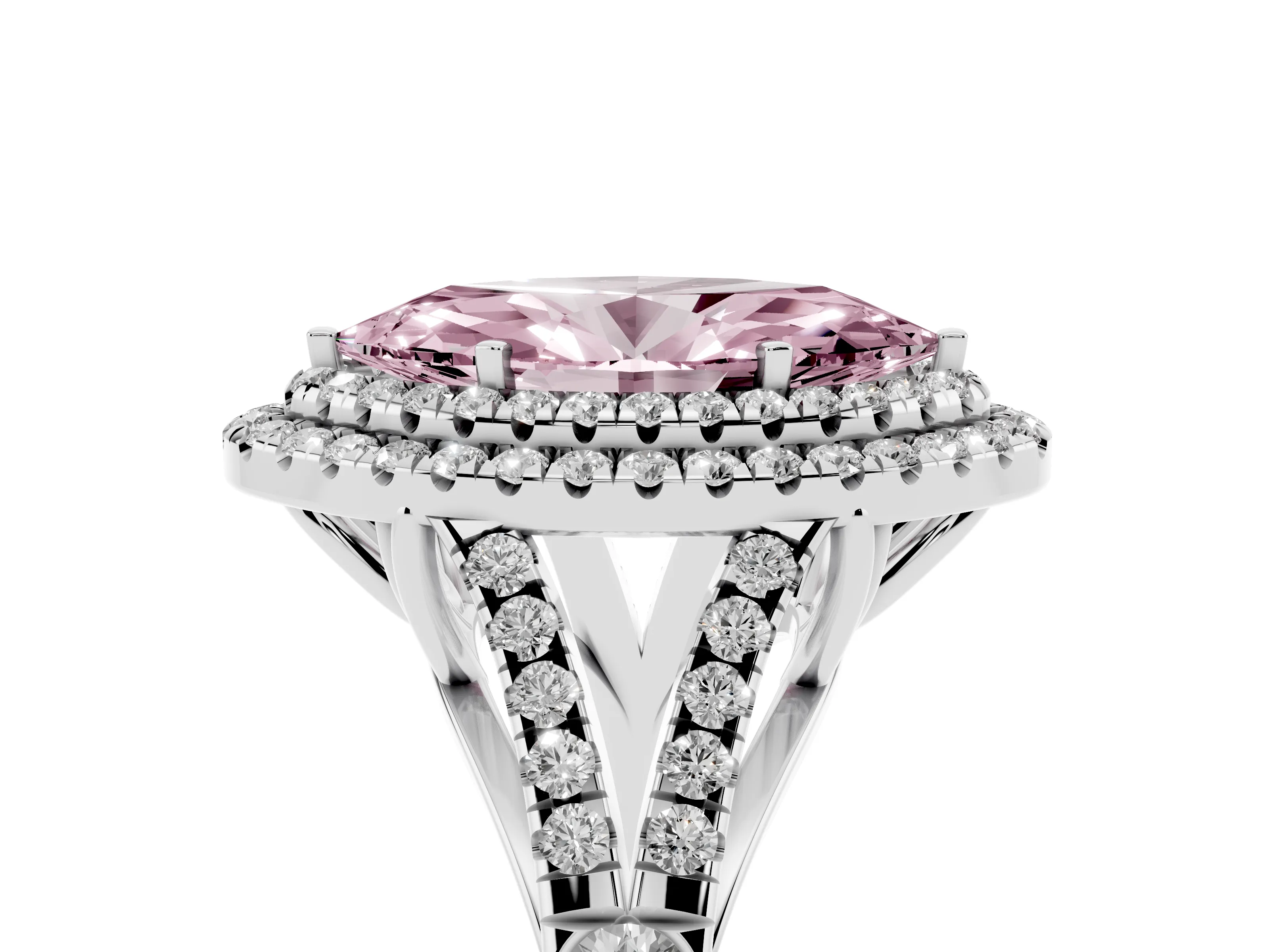 Fancy Pink Marquise Cut Diamond Pavé Split Shank Double Halo Engagement Ring Set in Silver