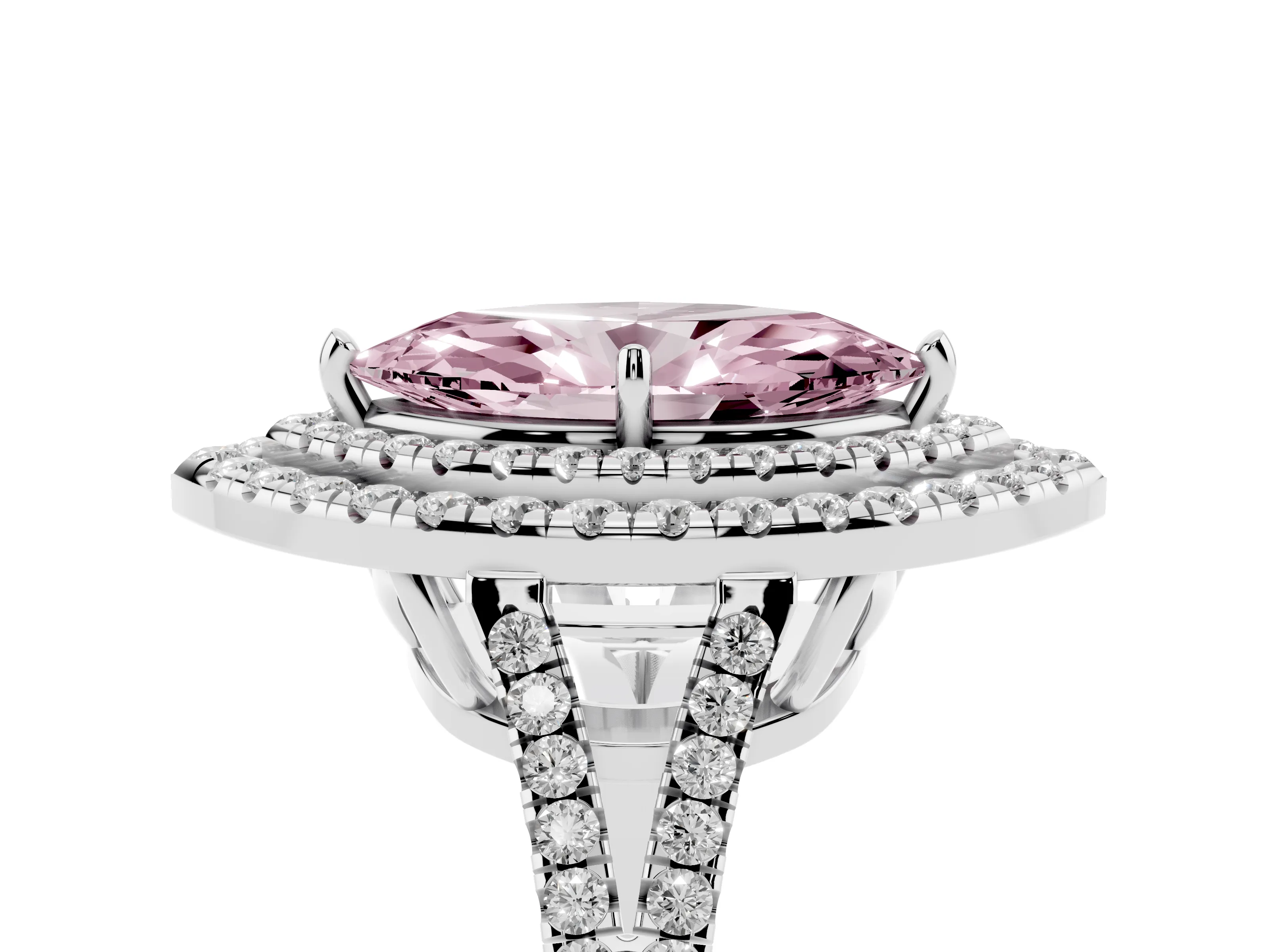 Fancy Pink Marquise Cut Diamond Double Halo Ring Set in Platinum with Pavé Band