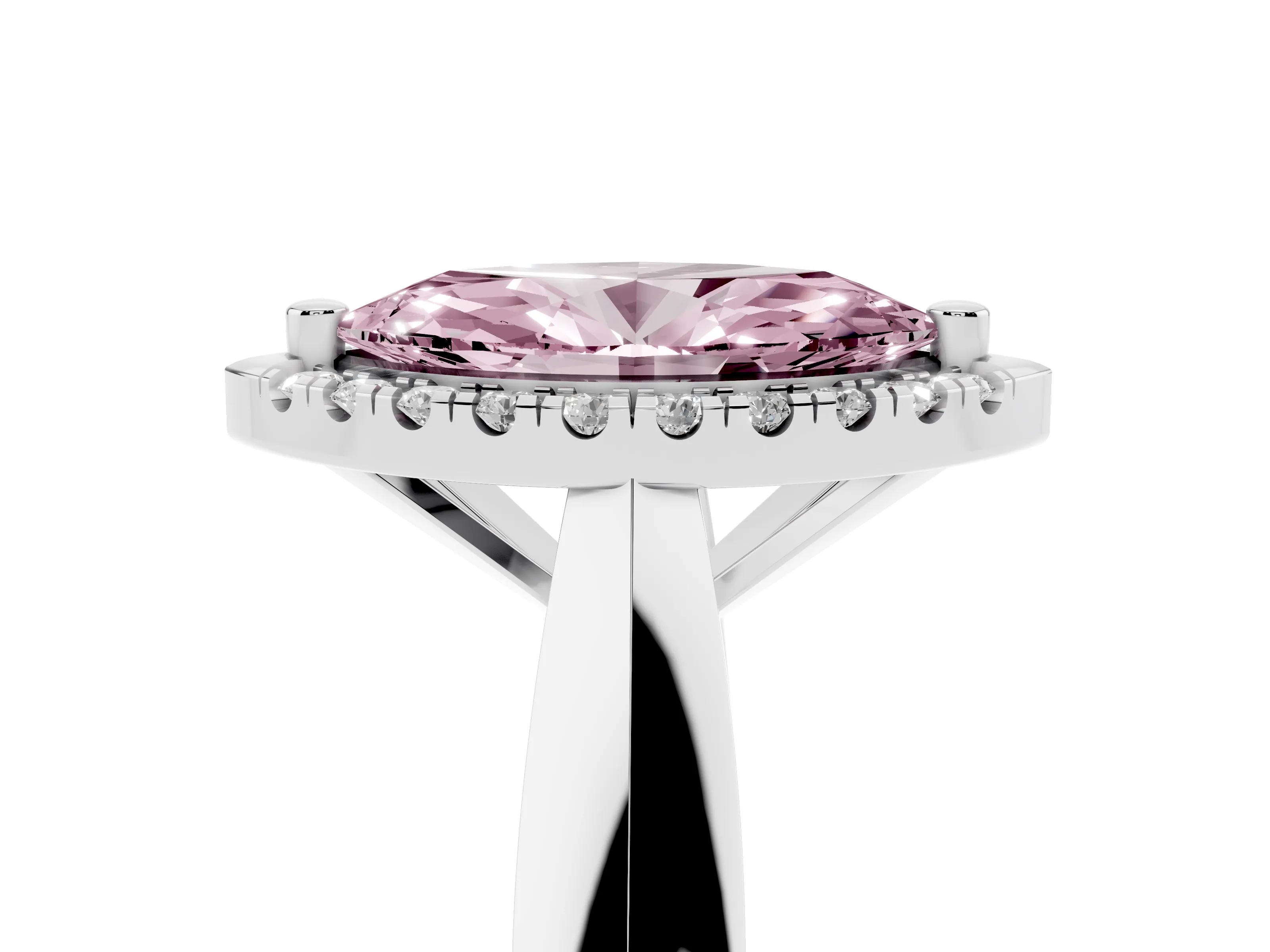 Fancy Pink Marquise Cut Diamond Halo Solitaire Engagement Ring Set in Platinum with Square Band and Prong Setting