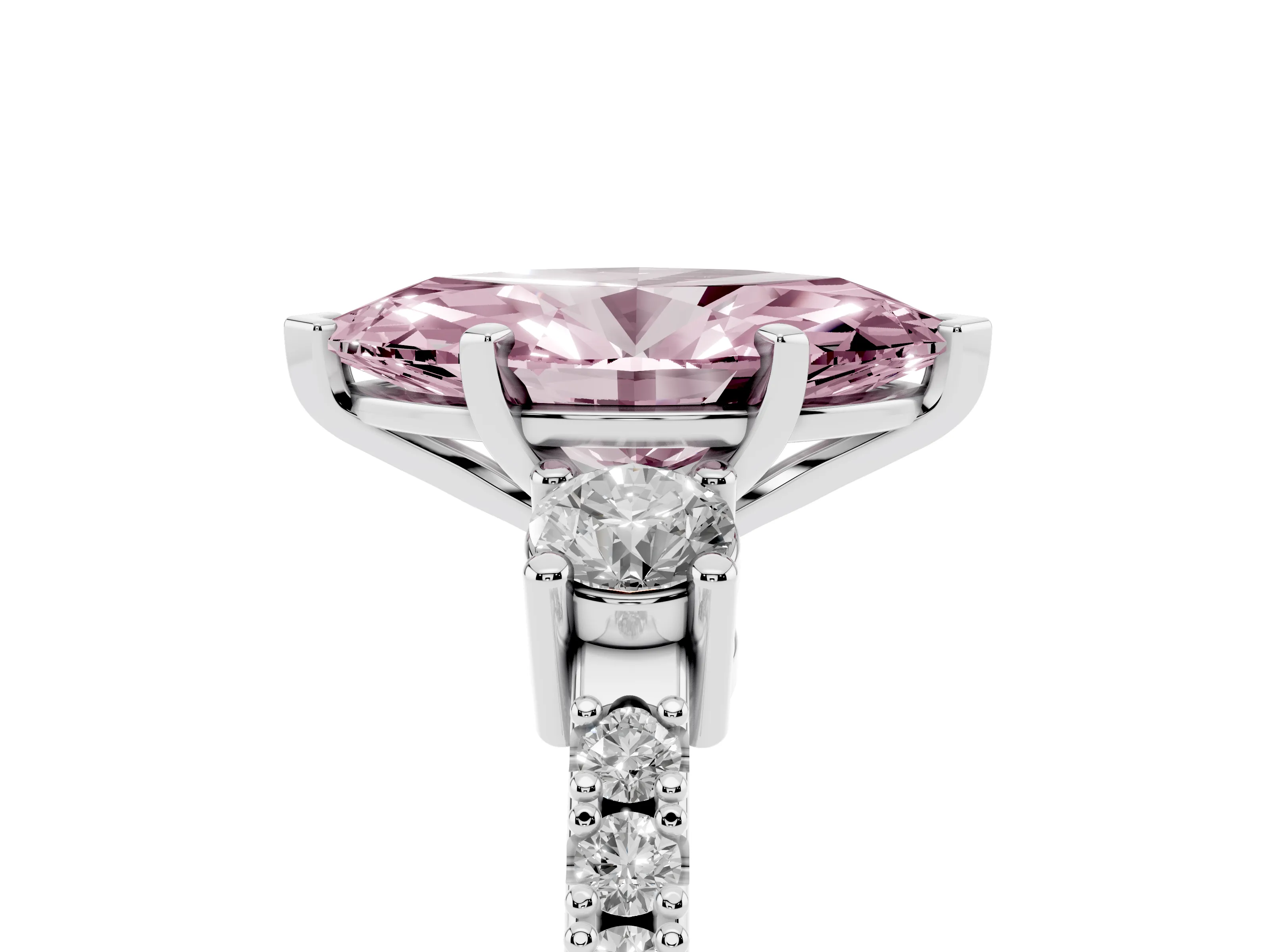 Fancy Pink Three-Stone Marquise Cut Diamond Pavé Band Ring Set in White gold with Prong Setting